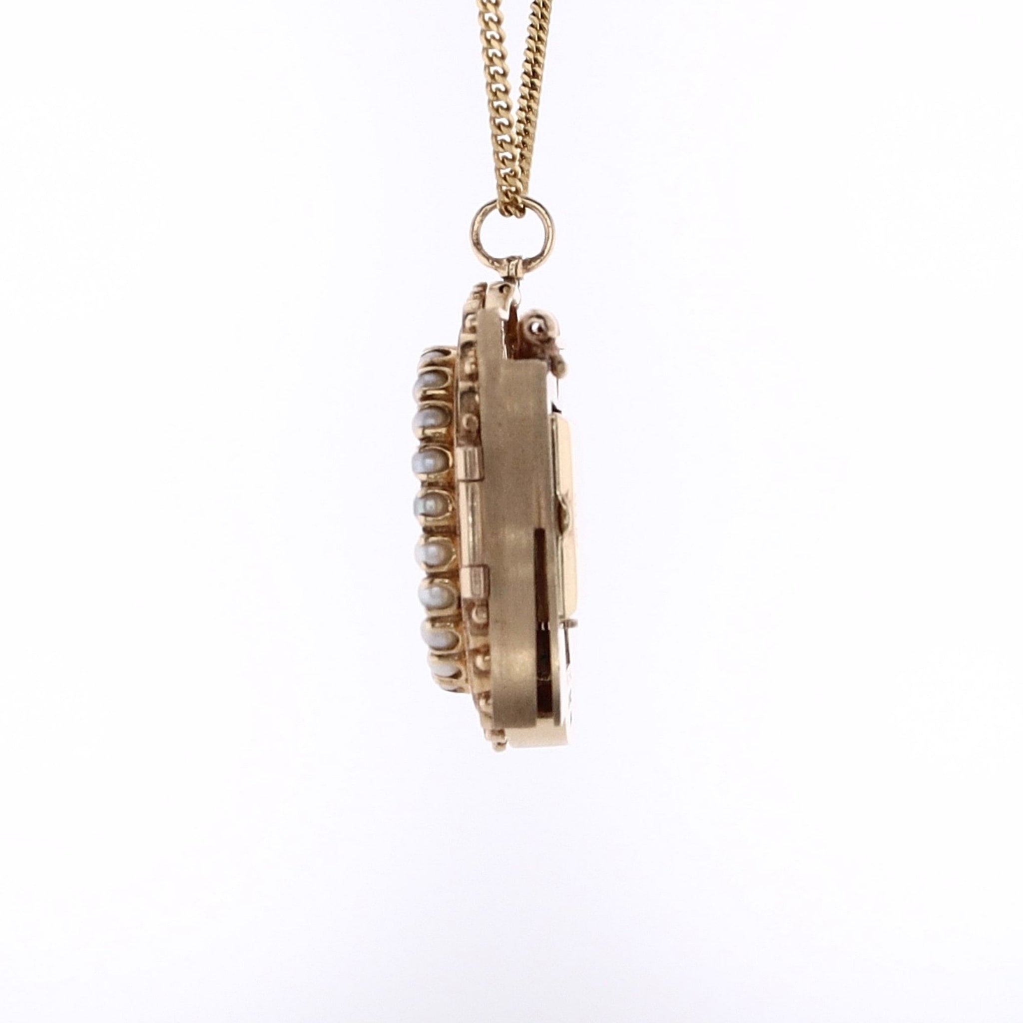 Estate Yellow Gold Portrait Lady Diamond and Watch Pin Pendant Necklace in 14 and 18 Karats by Ruby King