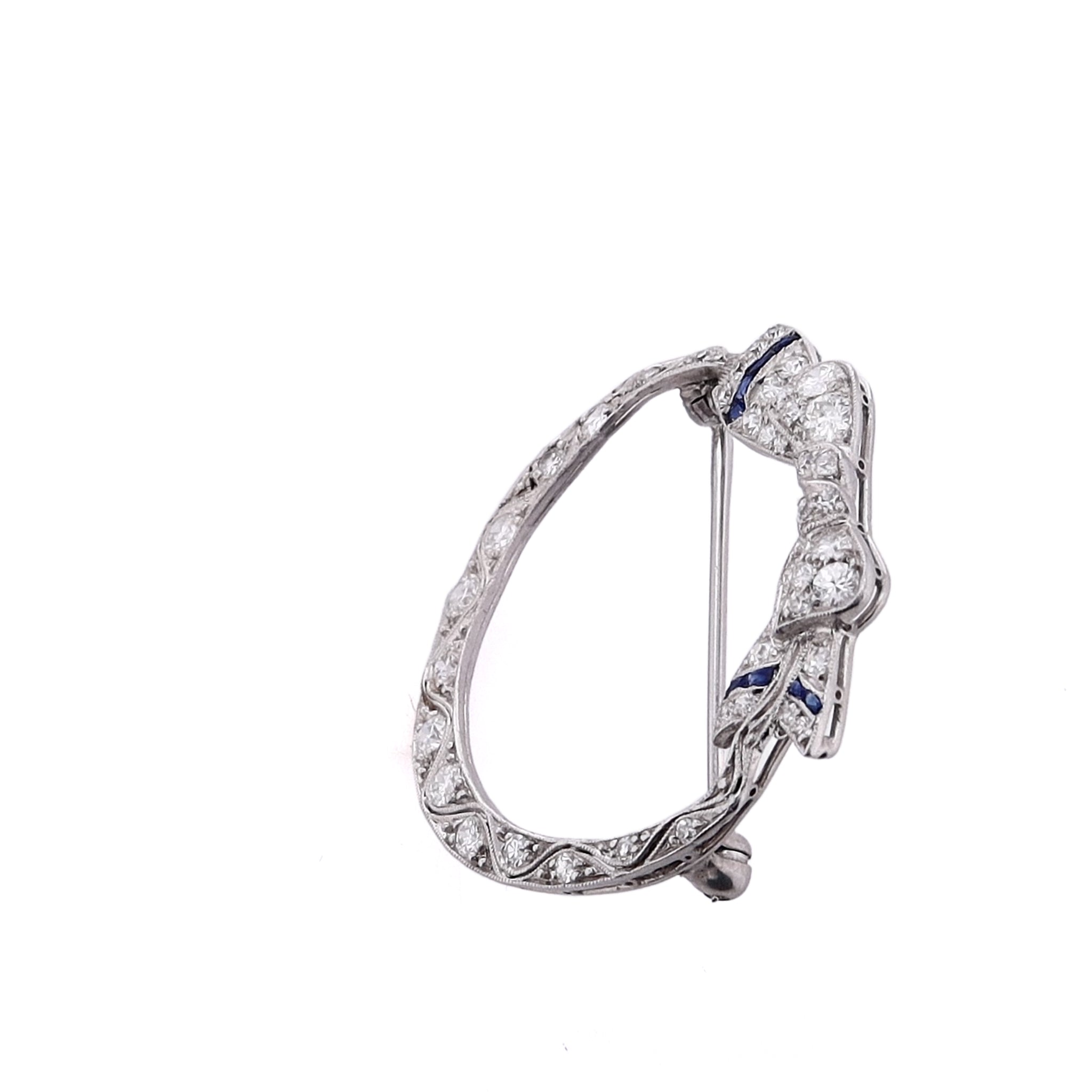 Exquisite Estate Platinum Bow - Shaped Design Diamond and Synthetic Sapphire Circle Lapel Pin