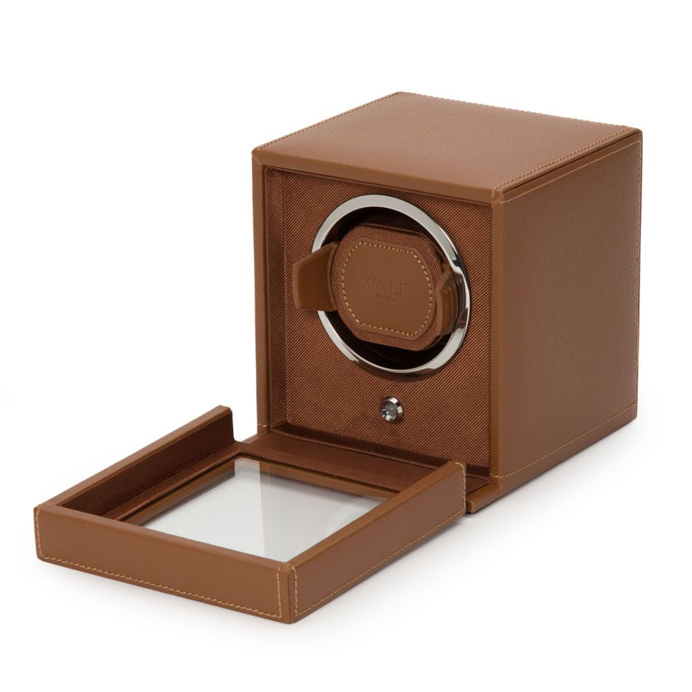 Cognac-Colored Single Wolf Cub Watch Winder with Protective Cover for Your Timepiece