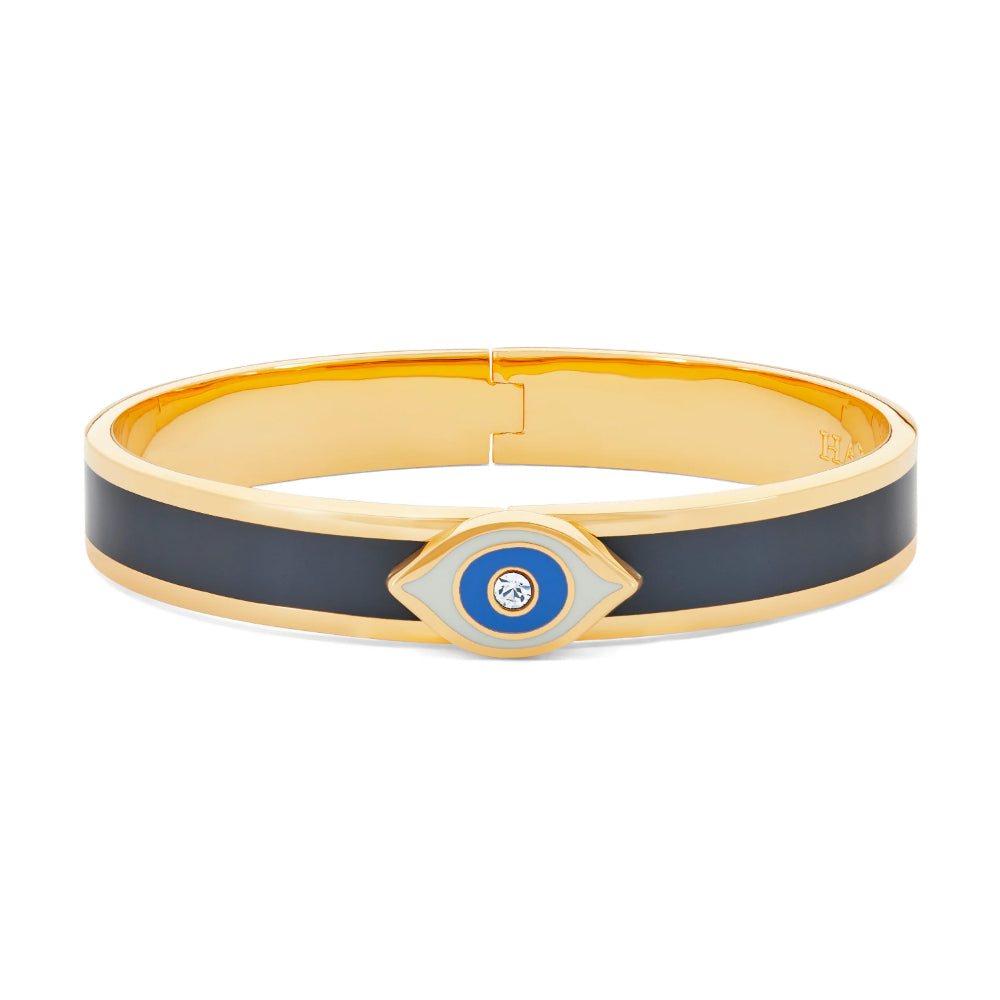 Halcyon Days Midnight & Gold Sparkling Evil Eye Button Hinged Enamel Bangle