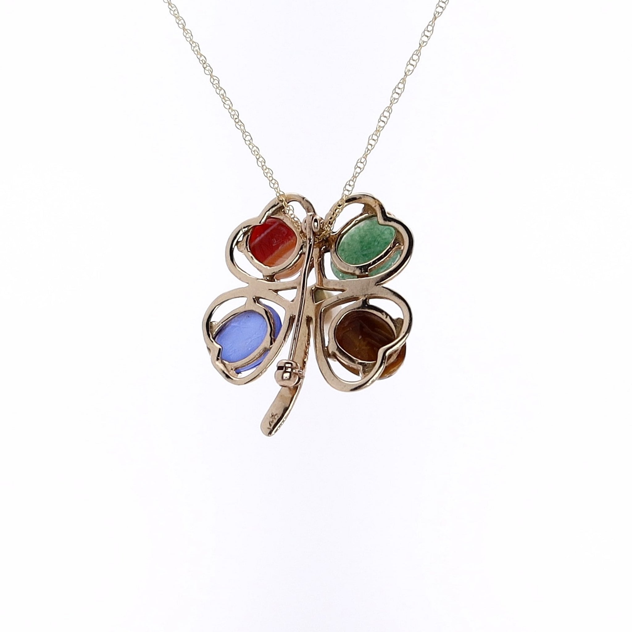 14K Yellow Gold Chalcedony and Quartz 4 - Leaf Clover Decorative Pin