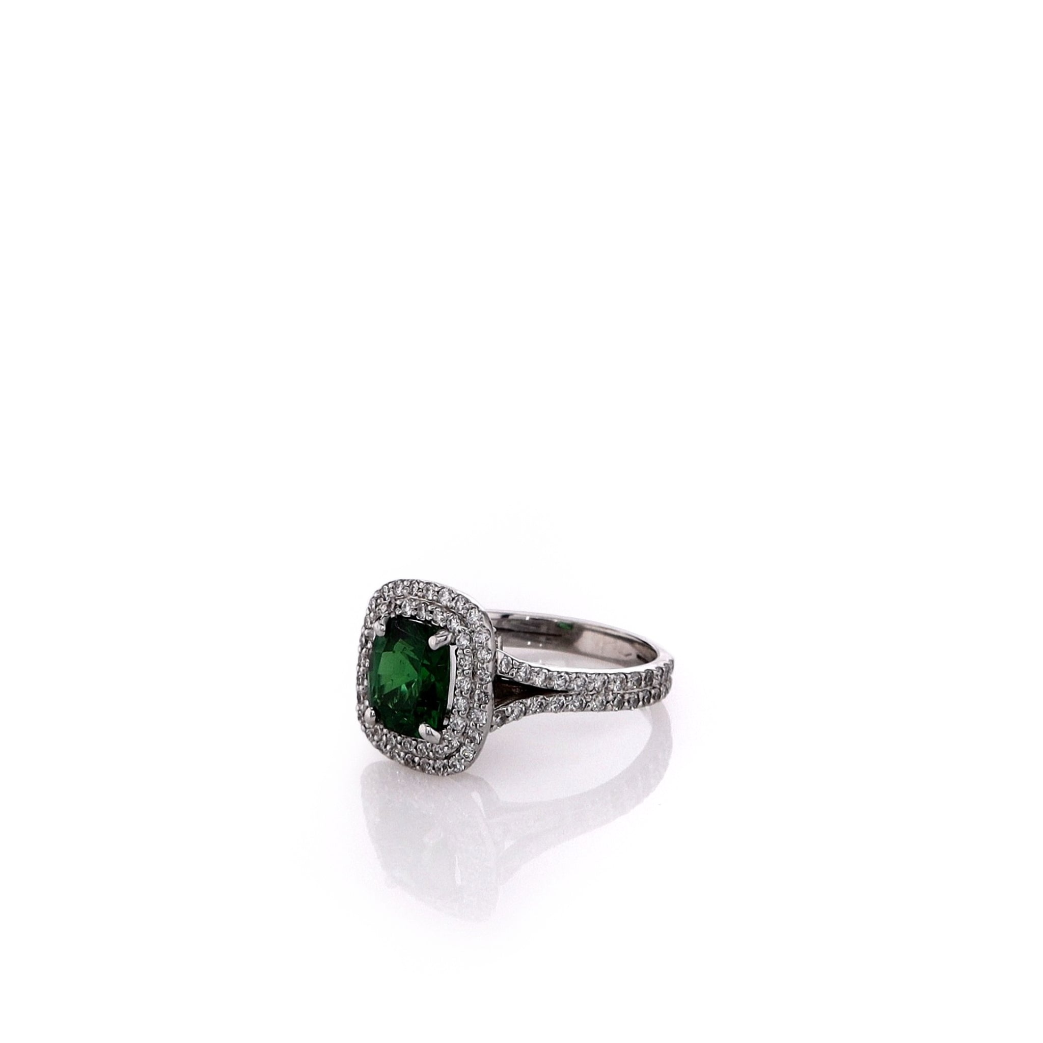 14k White Gold Double Halo Ring with Tsavorite Chips and Diamonds