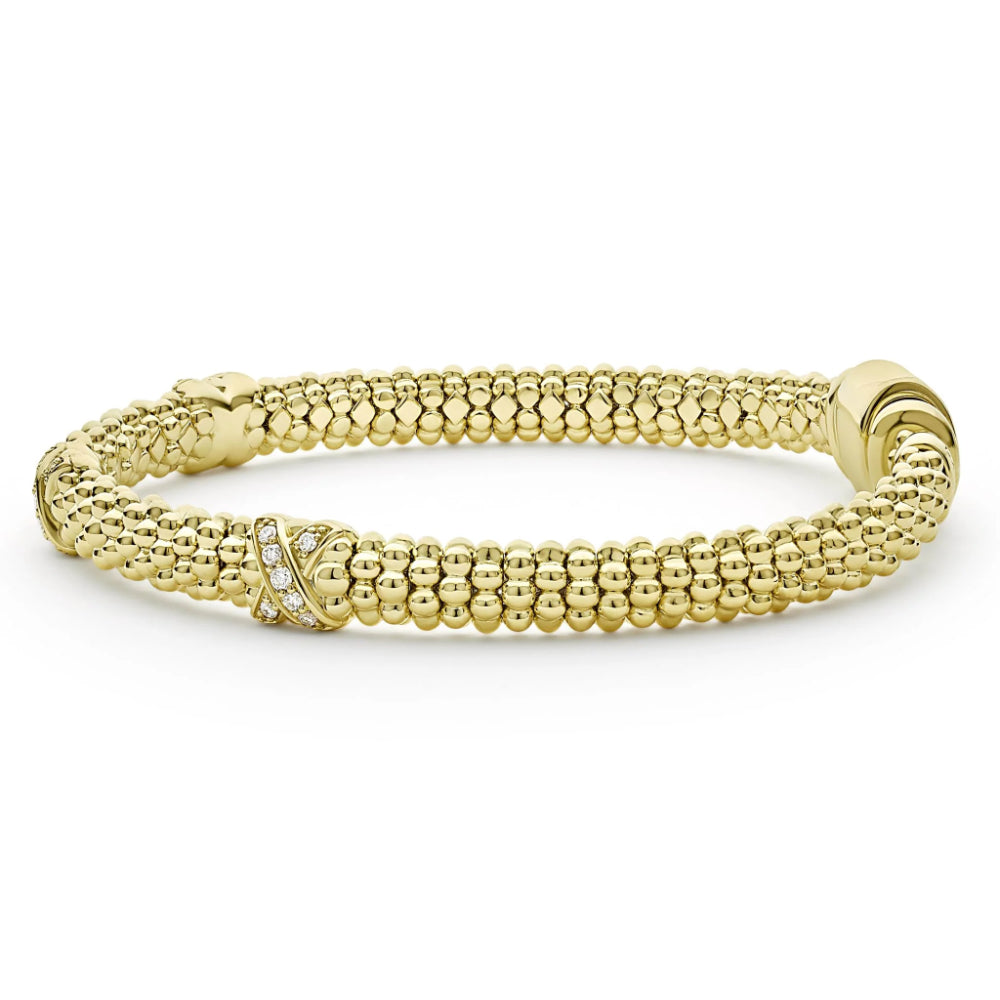 Lagos Embrace Luxury 18k Gold Three Station Diamond X Caviar Beaded Bracelet, 6mm Width