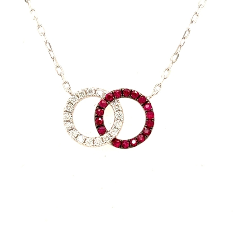 Stunning 18k White Gold Ruby and Diamond Interlocking Circles Pendant