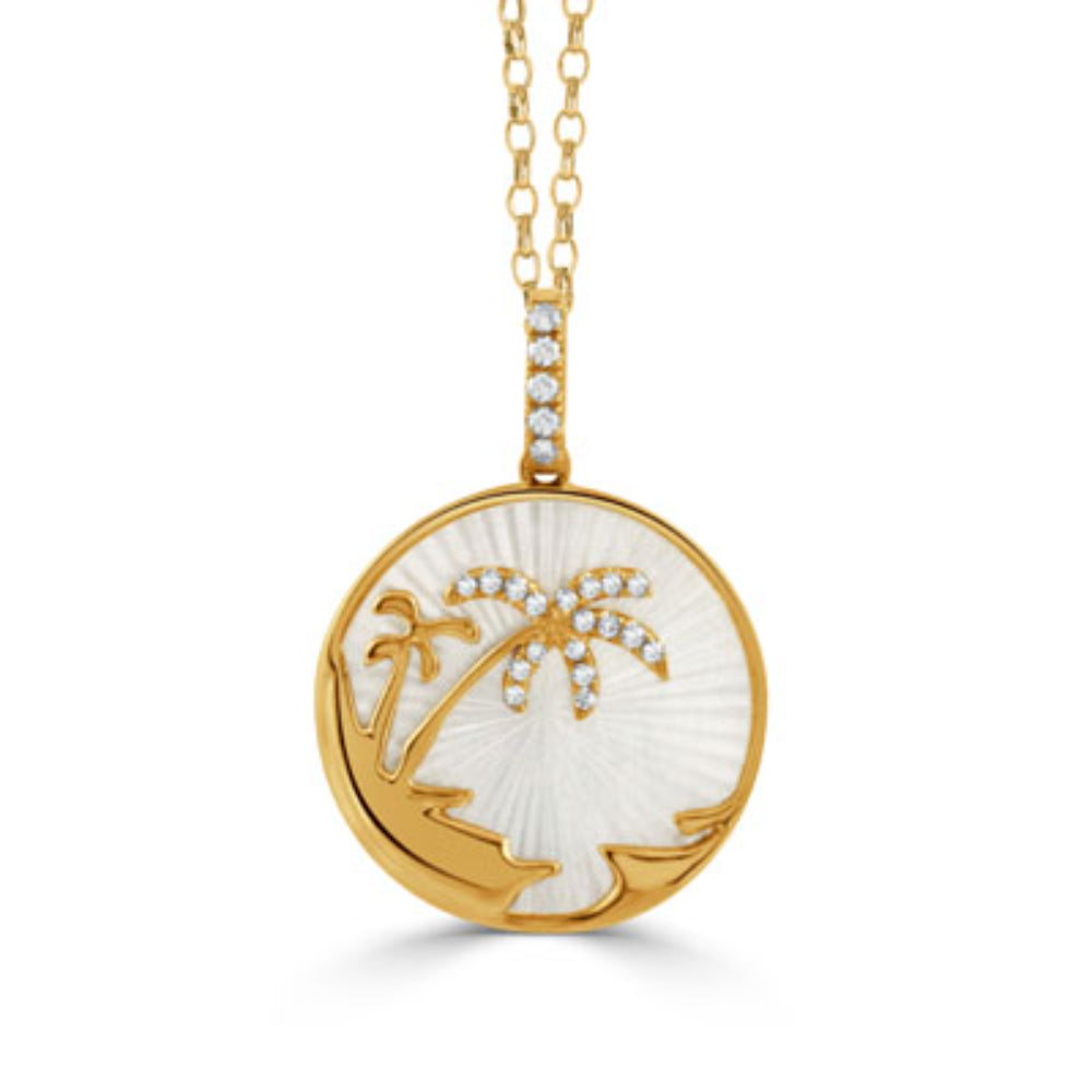 18k Gold Pendant Necklace with Diamonds and Mother of Pearl Palm Tree Design