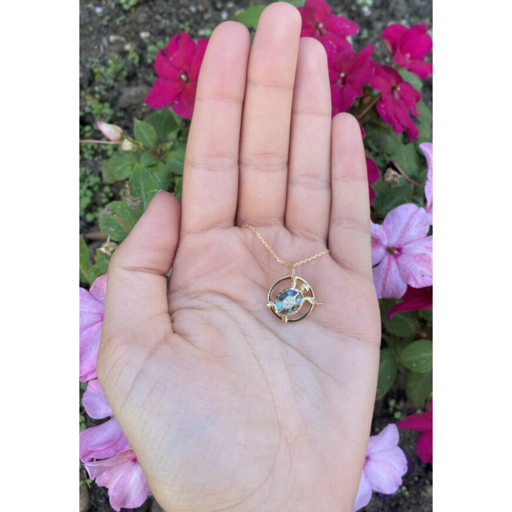 14k Gold Abalone Swimming Turtle Design Pendant Necklace