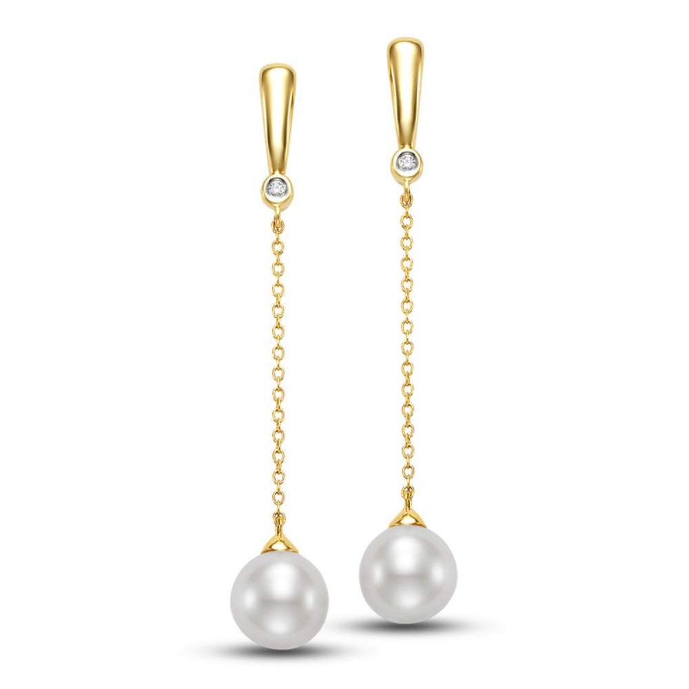 Exquisite 14k Gold Freshwater Pearl and Diamond Bezel Drop Earrings for Elegant Jewelry Lovers