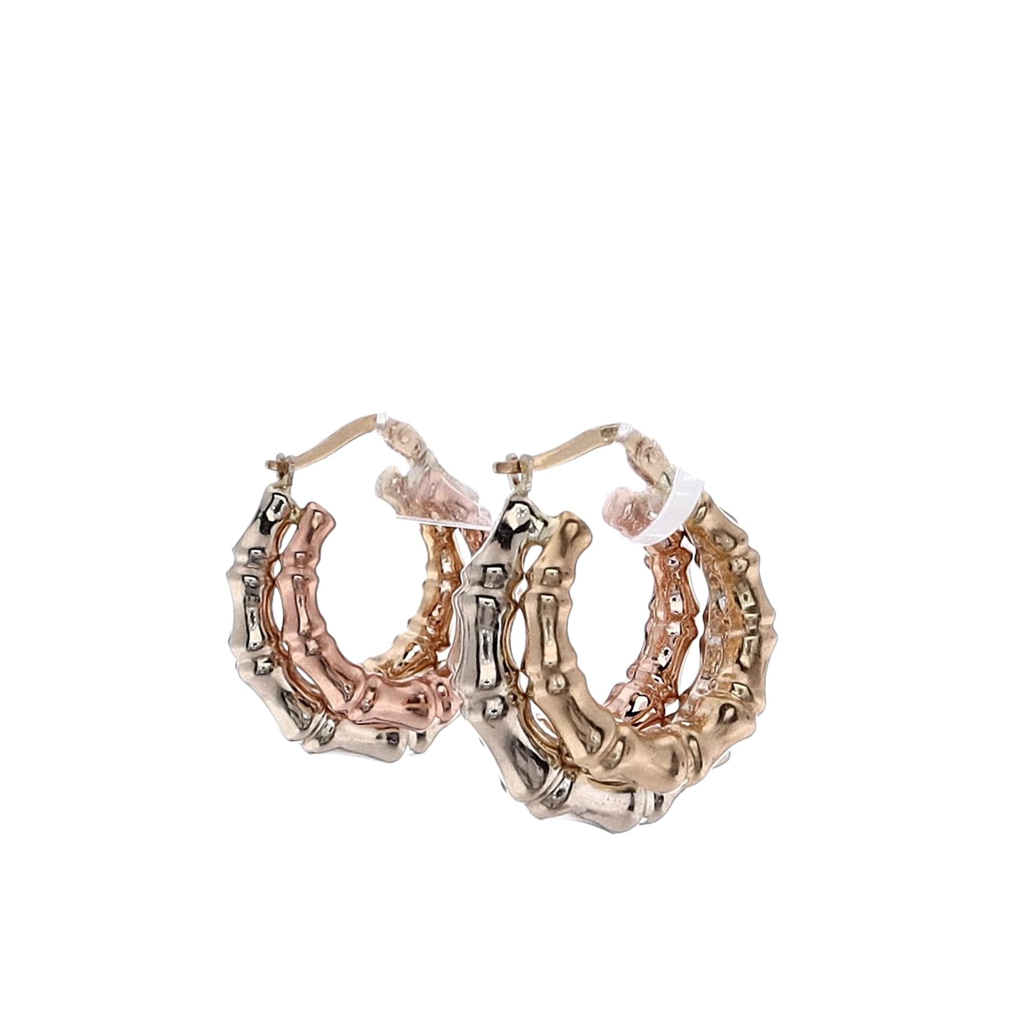 Exquisite Estate 14k Tri - Tone Gold Triple Bamboo - Style Hoop Earrings for Jewelry Lovers