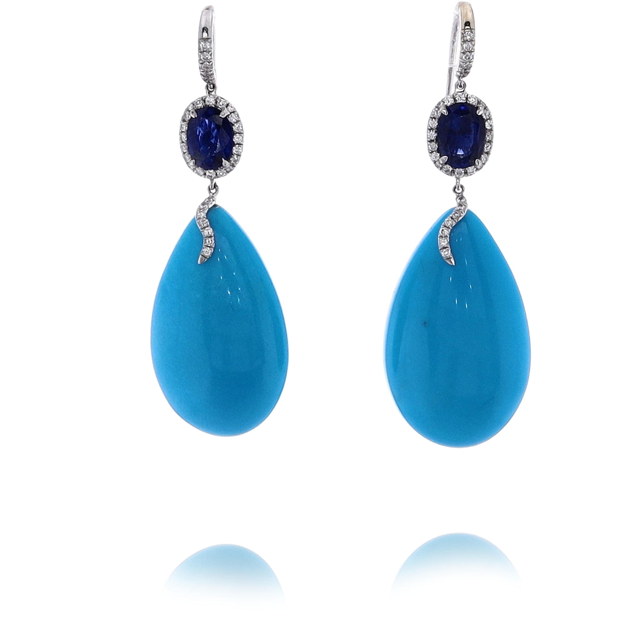 Platinum Estate Drop Earrings with Natural Turquoise, Sapphire and Diamonds