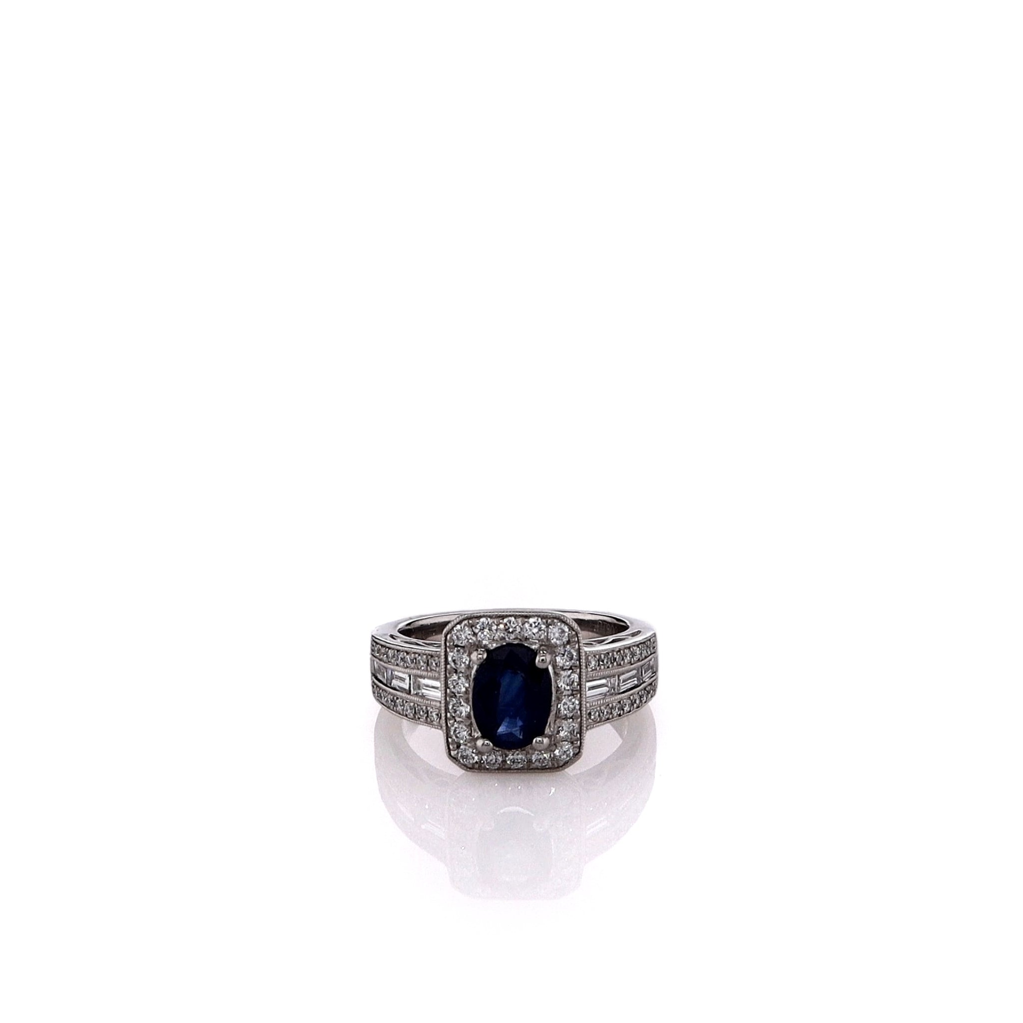 Simon G. Estate Platinum Triple Shank Halo Ring with Sapphire and Diamonds