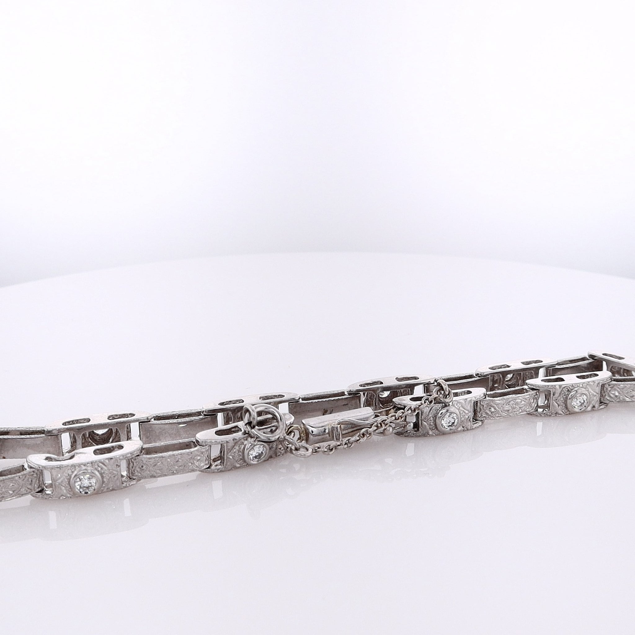 Exquisite Estate 14 Karat White Gold Diamond Bracelet with Engraved Links