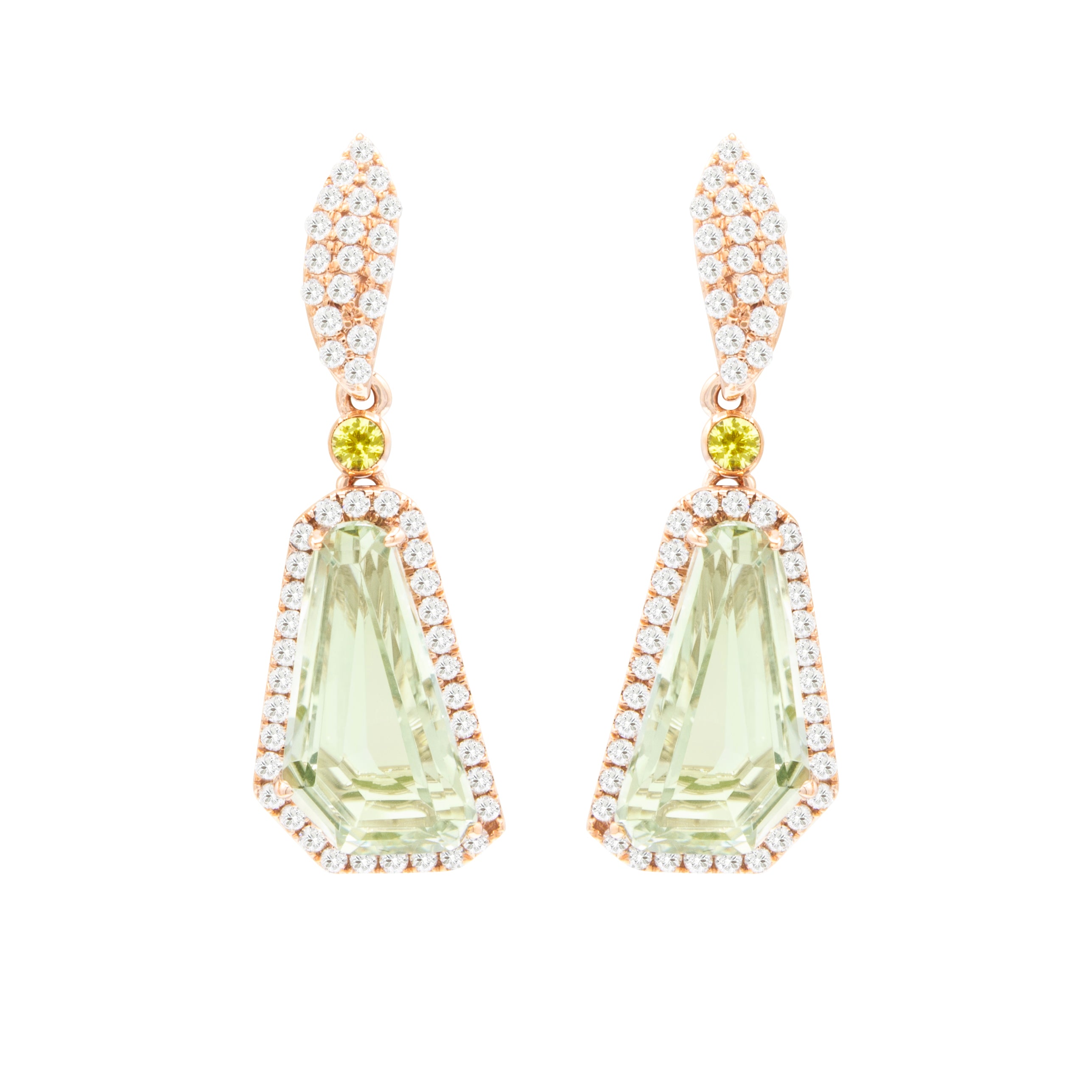 Gorgeous 14k Rose Gold Prasiolite and Diamond Drop Earrings