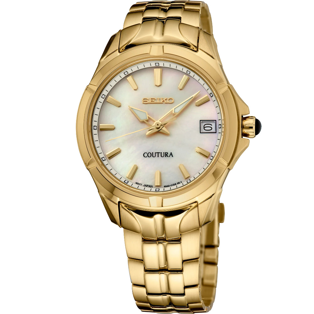 Seiko Ladies 34mm Gold-Tone Coutura Quartz Watch with White MOP Dial