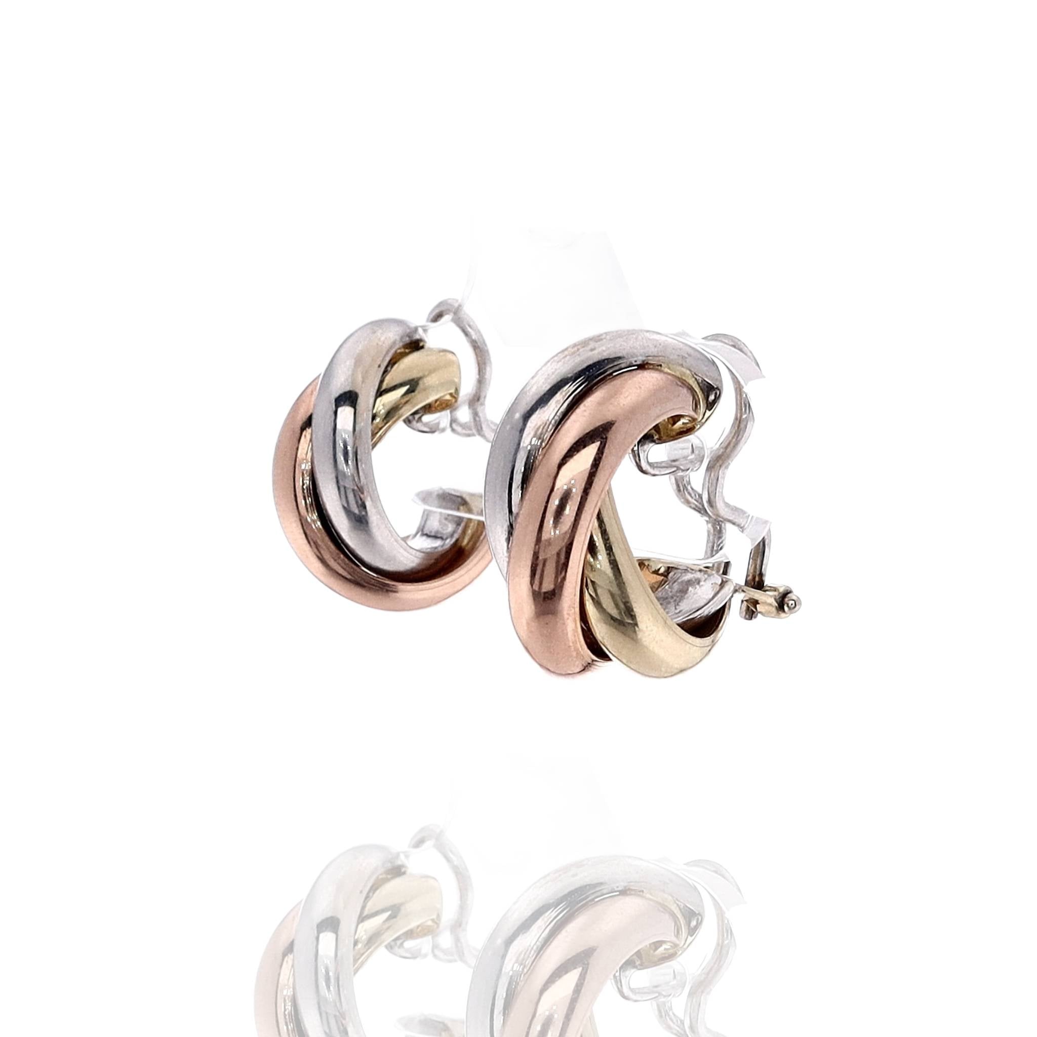 14k Tri-Tone Polished Hoop Earrings with Triple Crossover Tubes
