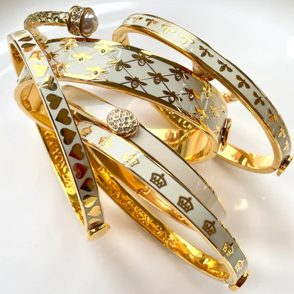 Halcyon Days 13mm Gold - Plated Enamel Hinged Bee Sparkle Trellis Design Jewelry Bangle