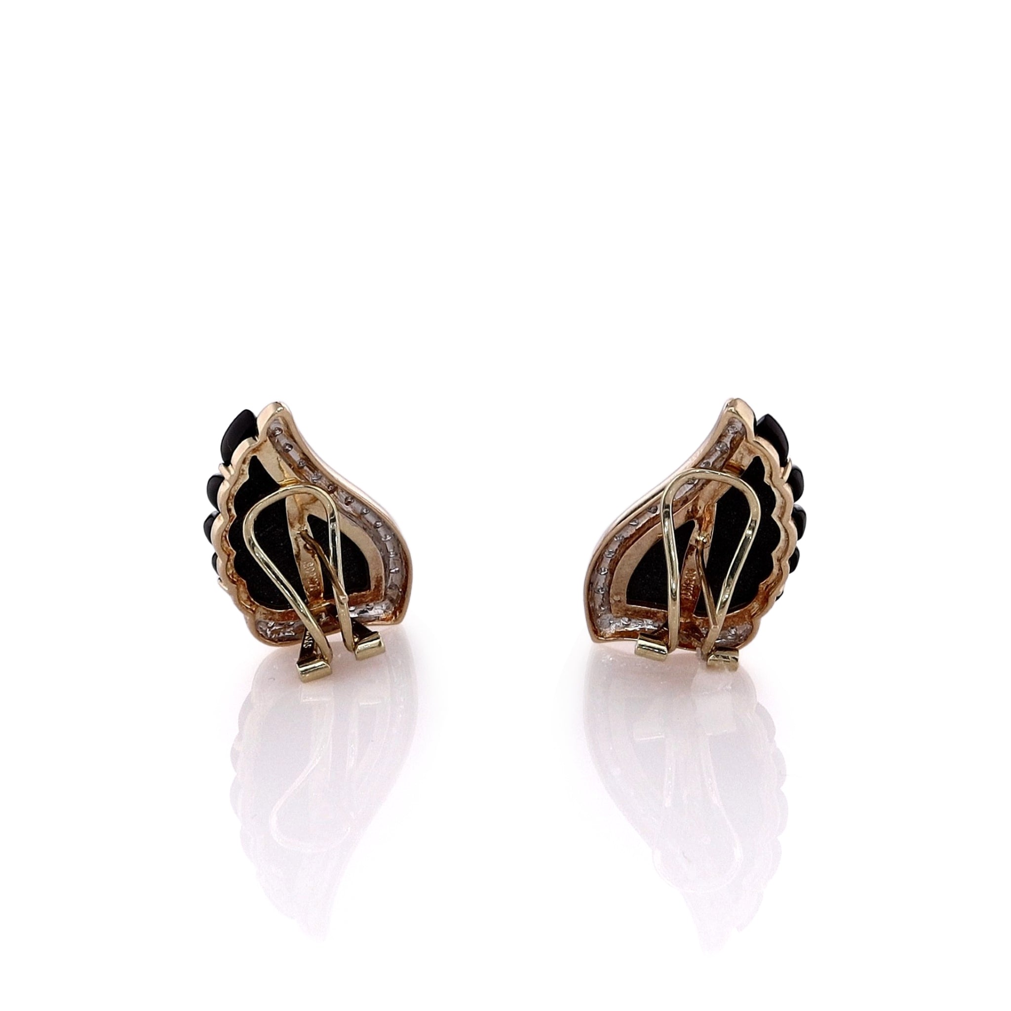 14k Yellow Gold Onyx and Diamond Stud Earrings with Scalloped Wing Design