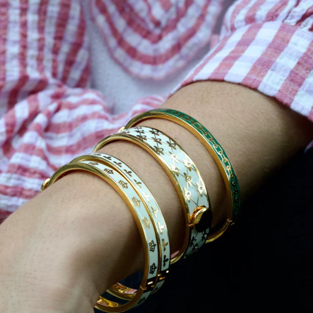 Halcyon Days 13mm Gold - Plated Enamel Hinged Bee Sparkle Trellis Design Jewelry Bangle