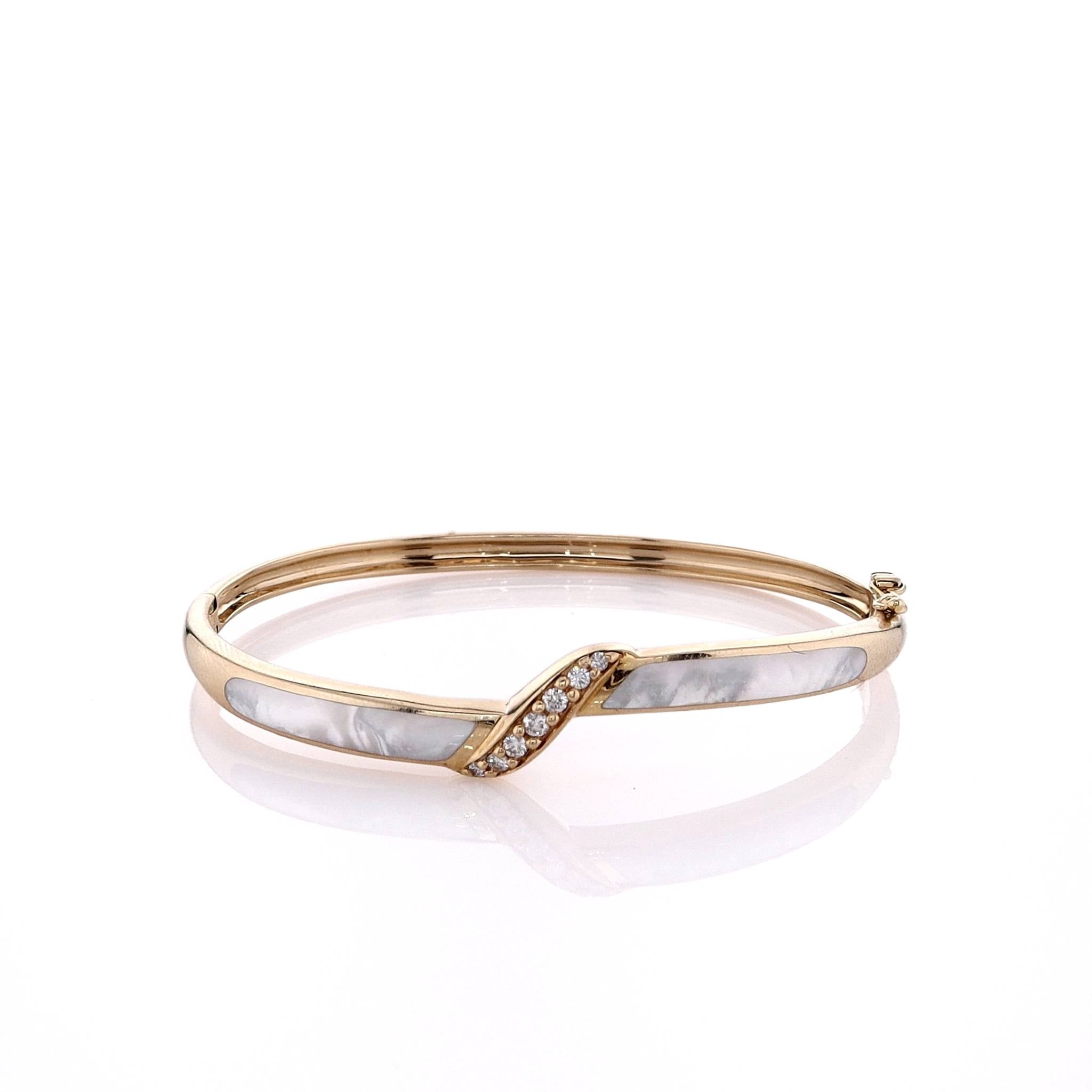 Estate 14k Yellow Gold Hinged Bangle Bracelet with Diamond and Mother of Pearl Inlay by Kabana