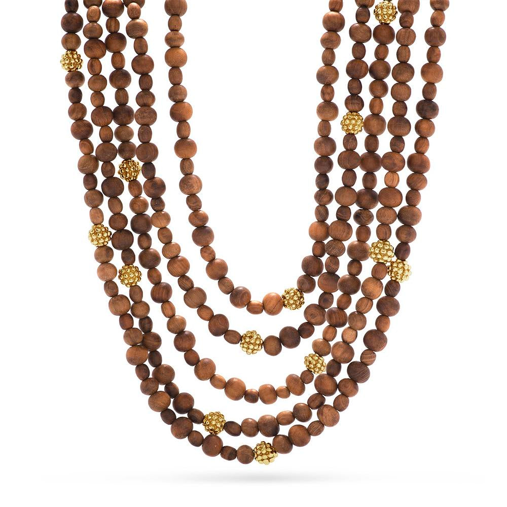 Capucine de Wulf Handmade 5-Strand Earth Goddess Teak Bead Necklace for a Stunning Statement