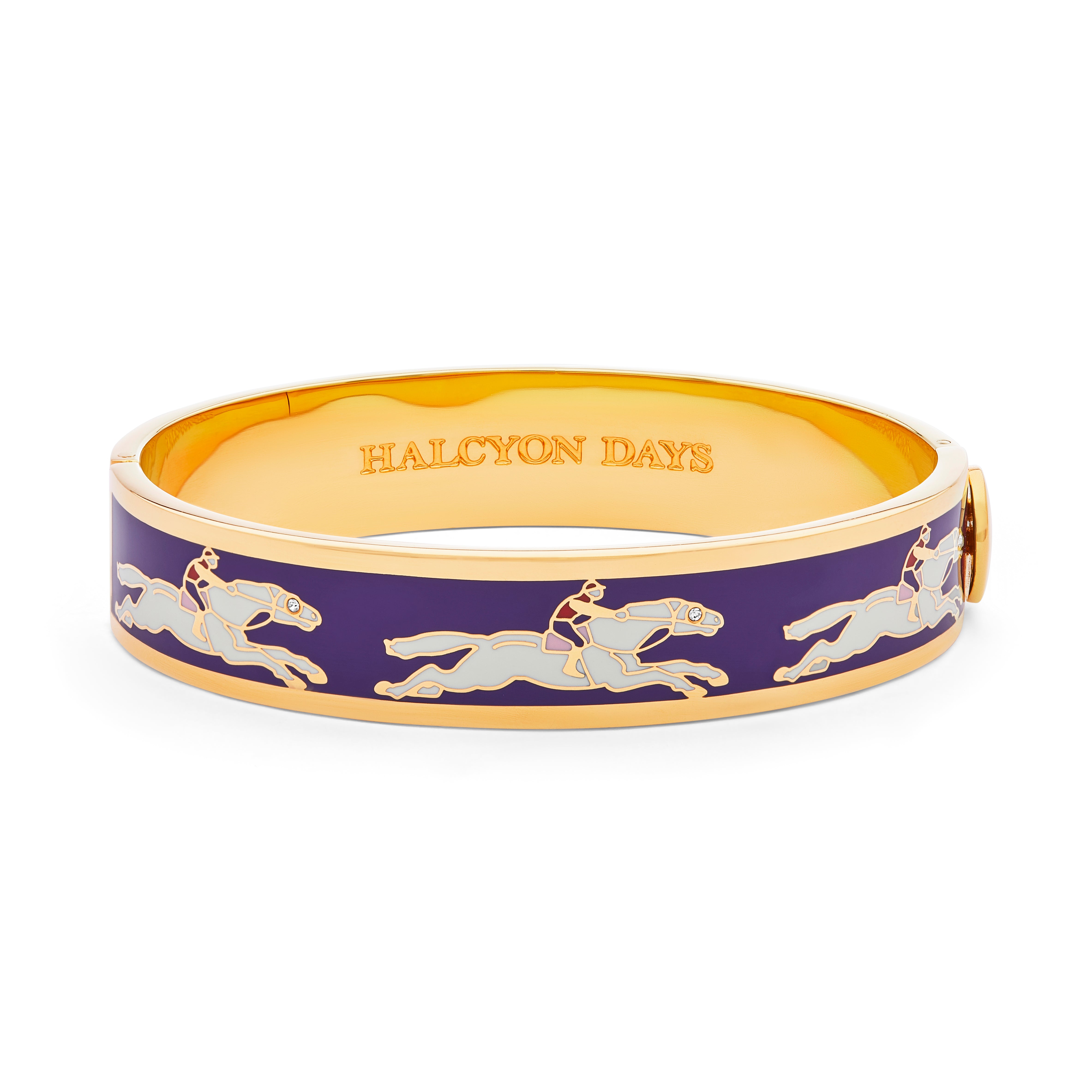 Halcyon Days 13mm Gold - Plated Hinged Enamel Bangle Featuring Race Horse Design, Ideal Jewelry for Equestrian Lovers