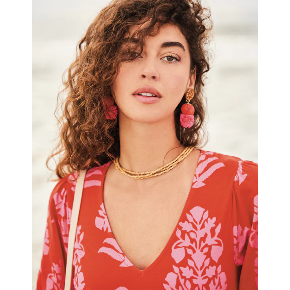 Red Spartina Handmade Straw Pom Pom Earrings for Tropical Style