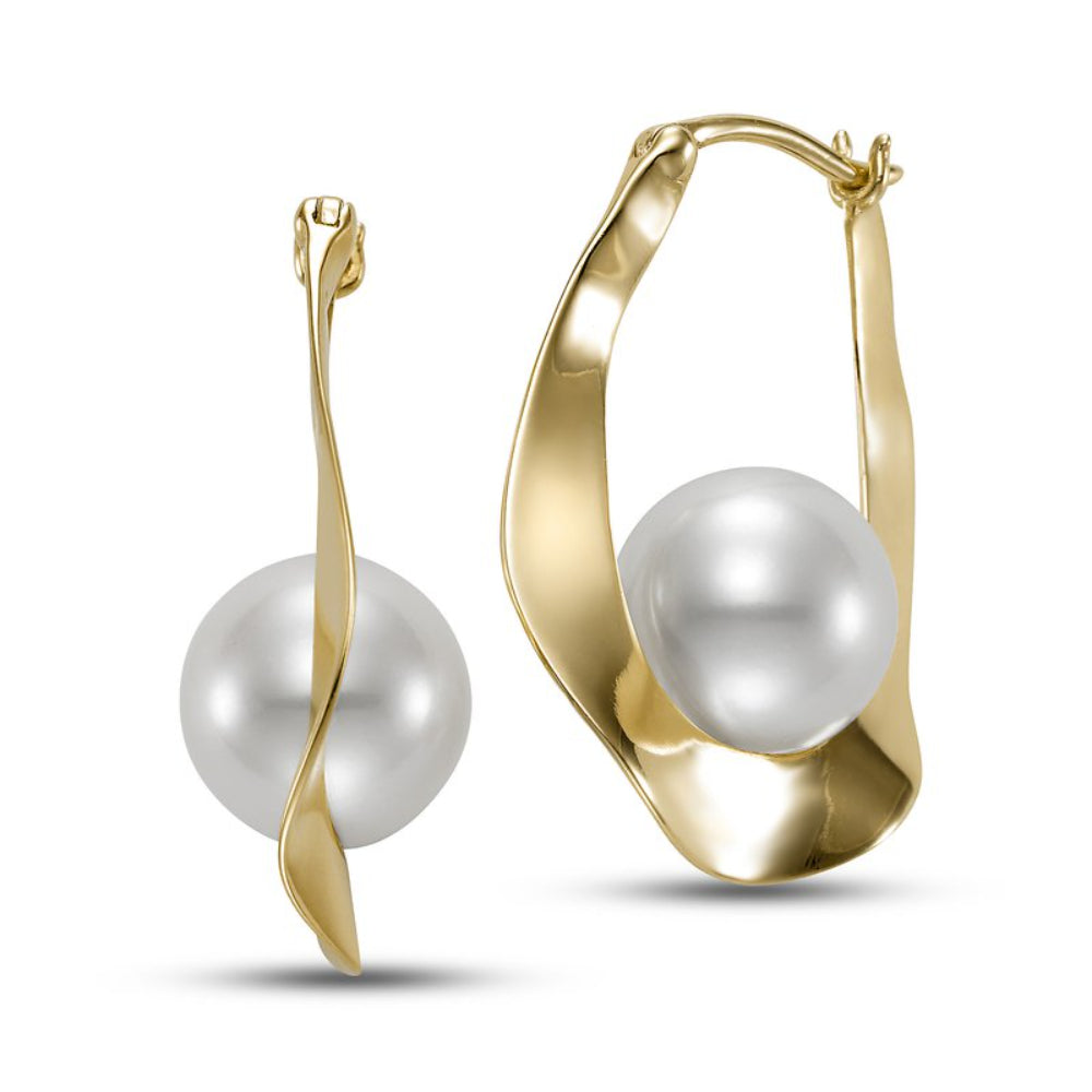 Stunning 14k Gold Wave Hoop Earrings with 8.5 - 9.0 mm Freshwater Pearls
