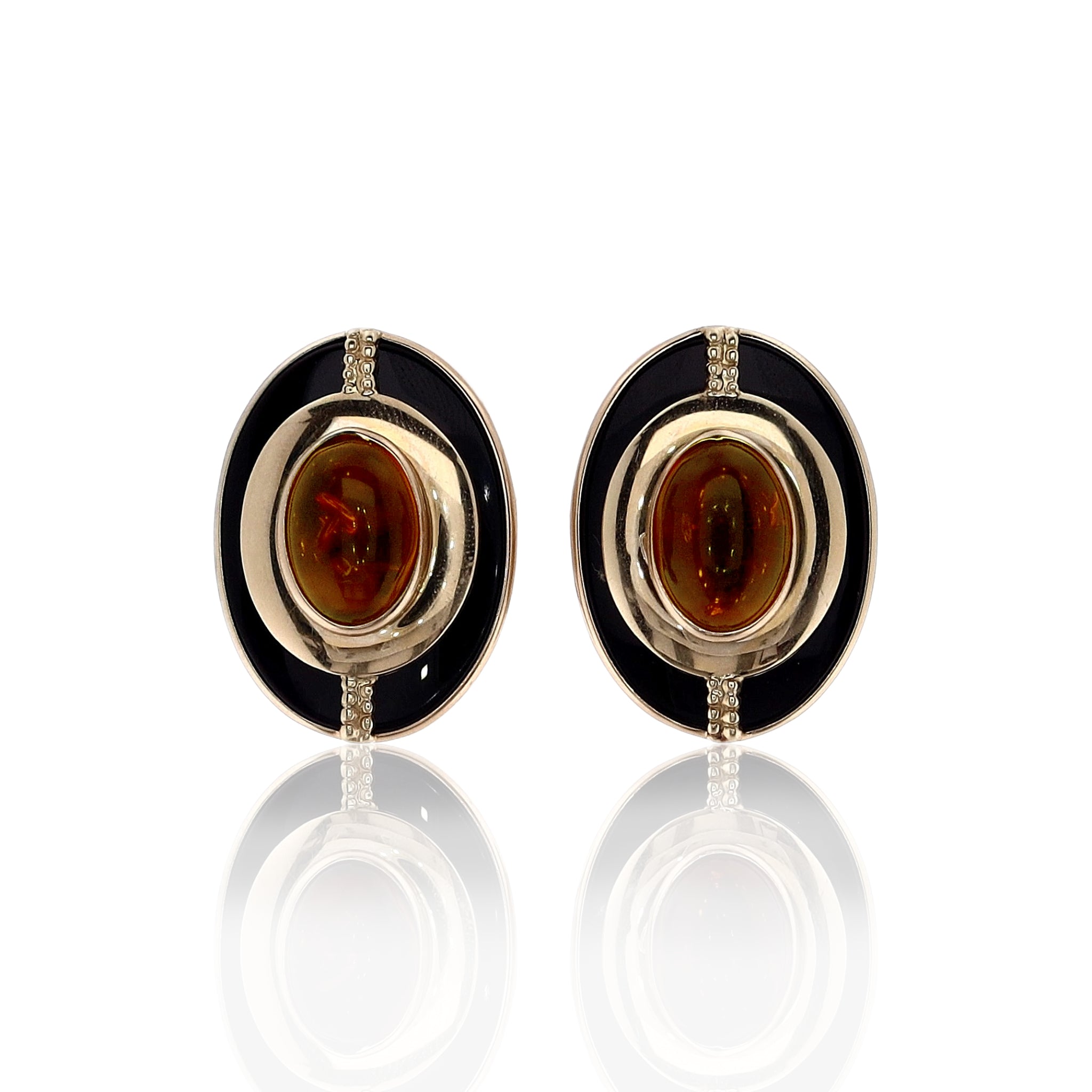 Stylish Estate 14k Yellow Gold Earrings with Onyx Tab Cabochon and Oval Amber Gemstones