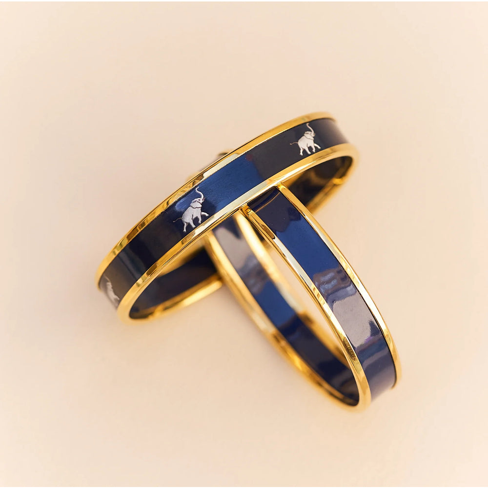 Navy and Gold Enamel Handcrafted Elephant Bangle by Halcyon Days, 1cm