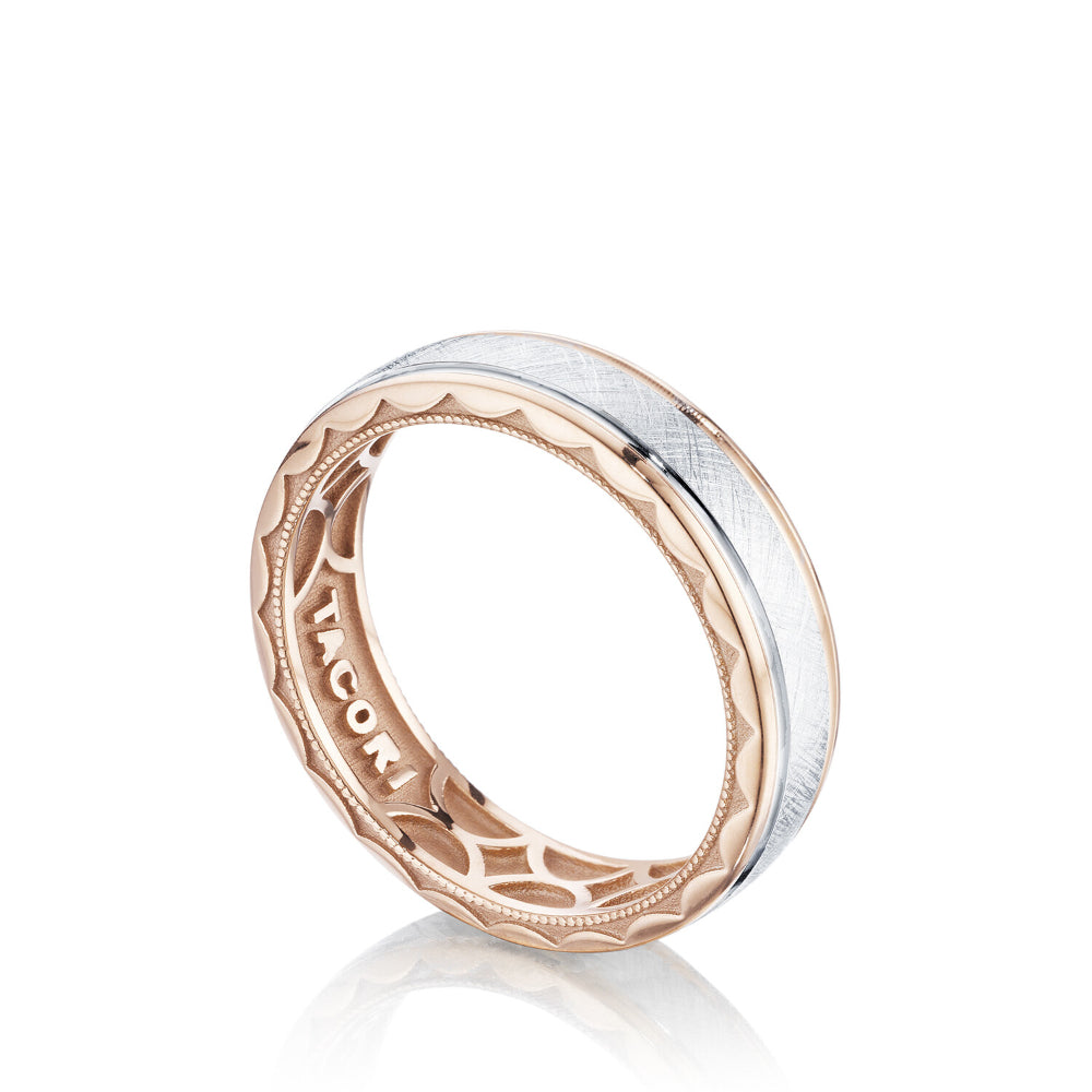 Tacori Classic 18k Gold Wedding Band with Brushed Center and Polished Rose Gold Edges, 6mm Width