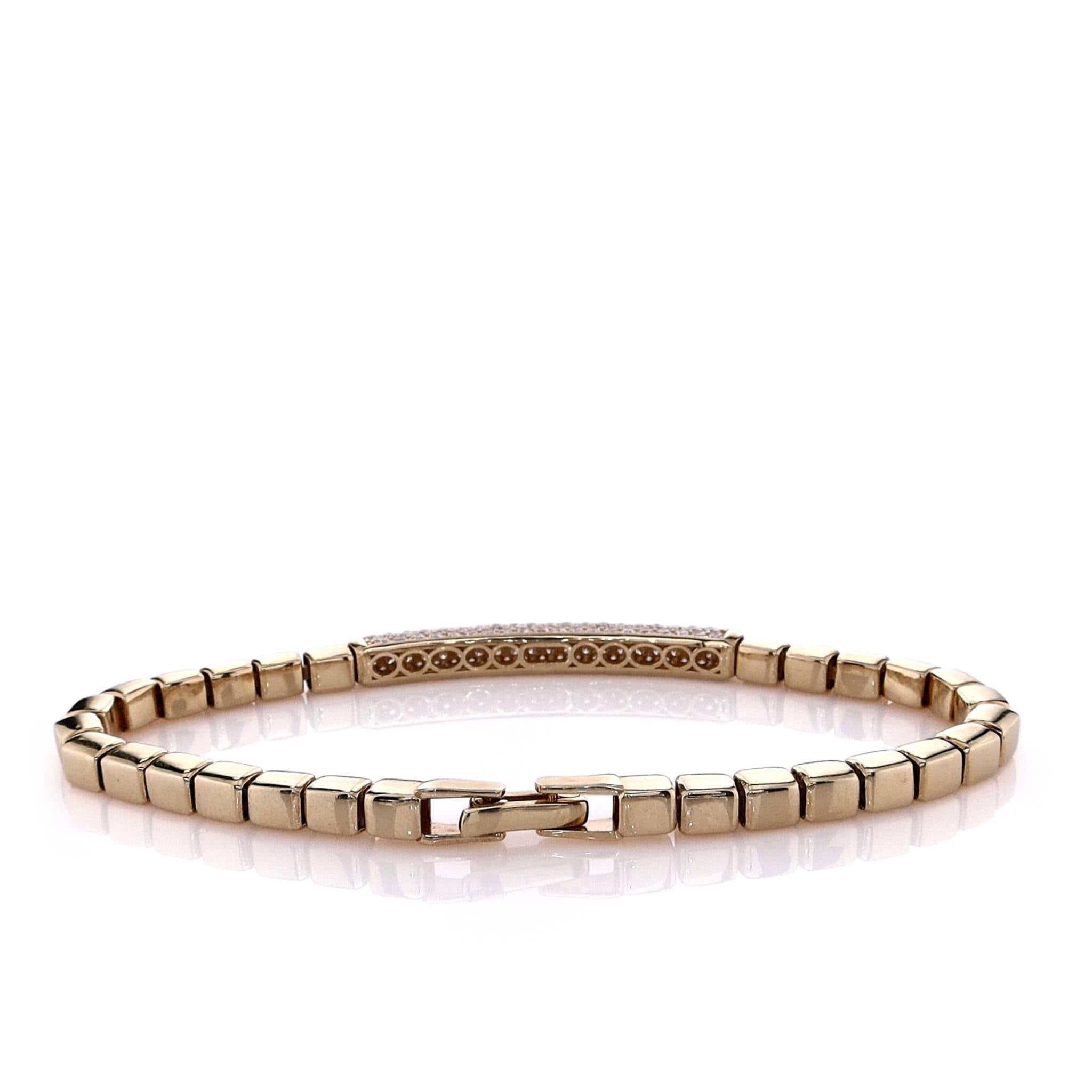 Exquisite 14k Yellow Gold Three - Sided Pave - Set Diamond Bar Bracelet with Box Link Chain