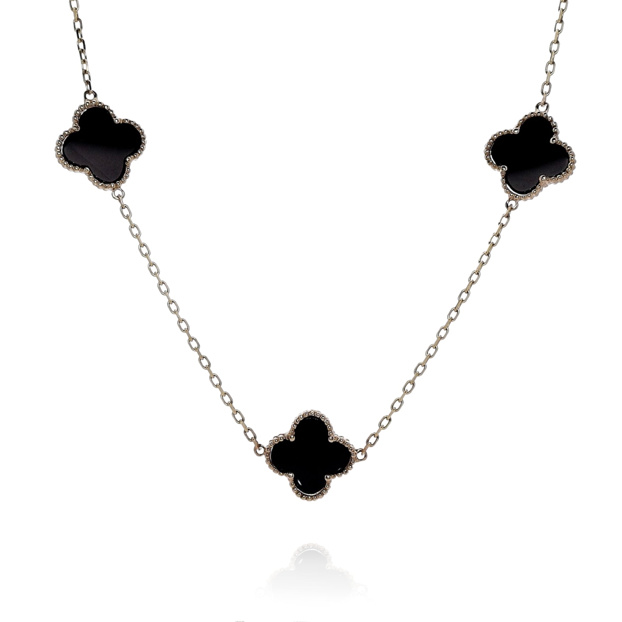 14k Yellow Gold 18-Inch Station Necklace with Black Onyx in Clover Design