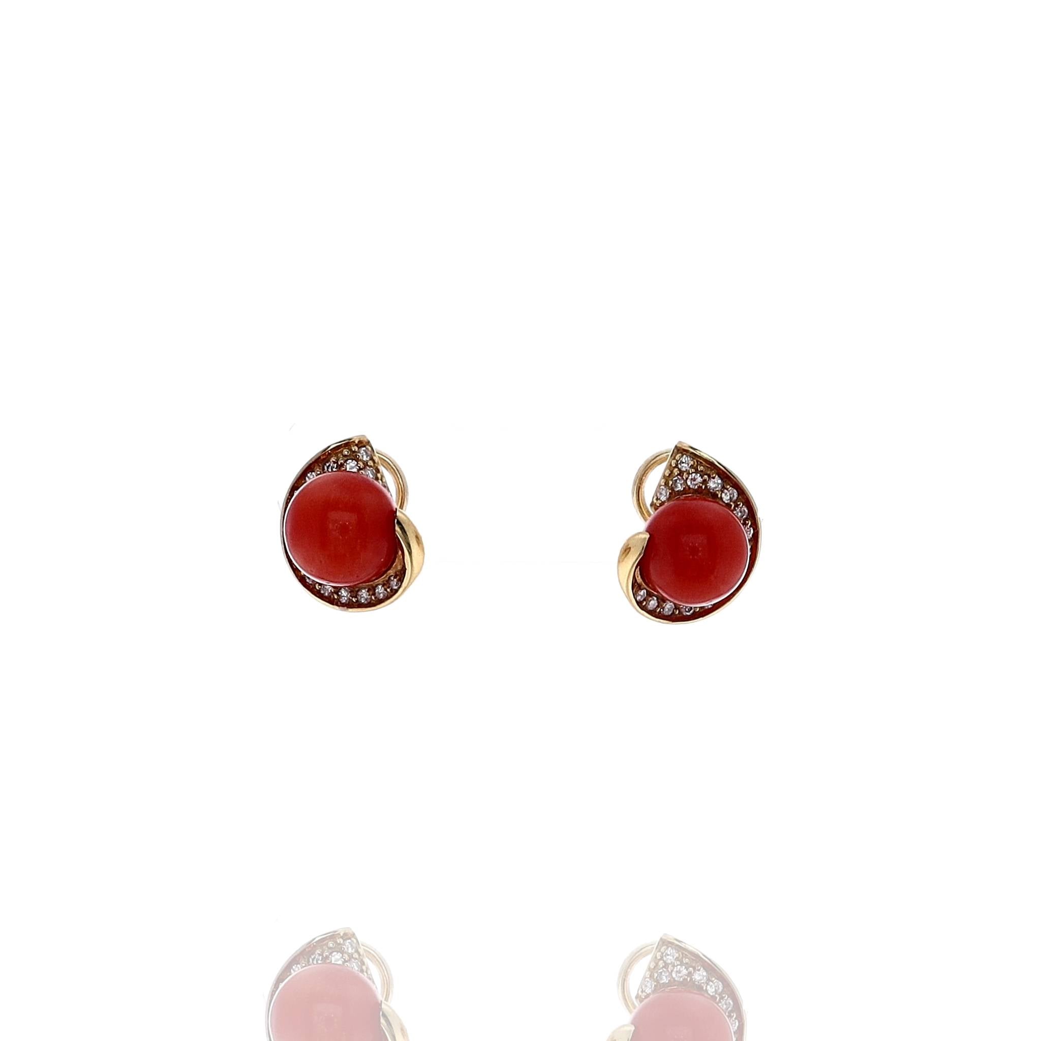 18k Yellow Gold Diamond & Coral Bead Pierced/Clip-on Earrings for Elegance