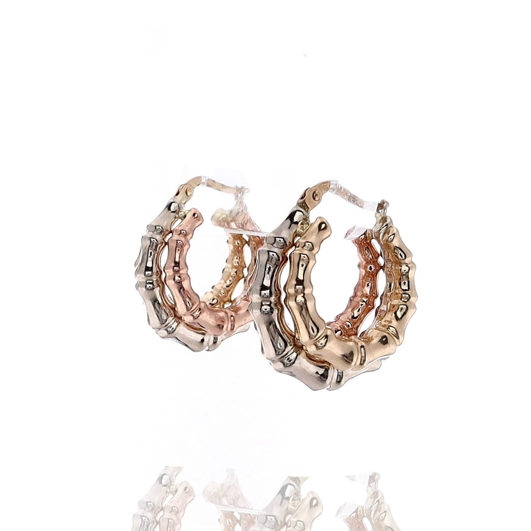 Exquisite Estate 14k Tri - Tone Gold Triple Bamboo - Style Hoop Earrings for Jewelry Lovers