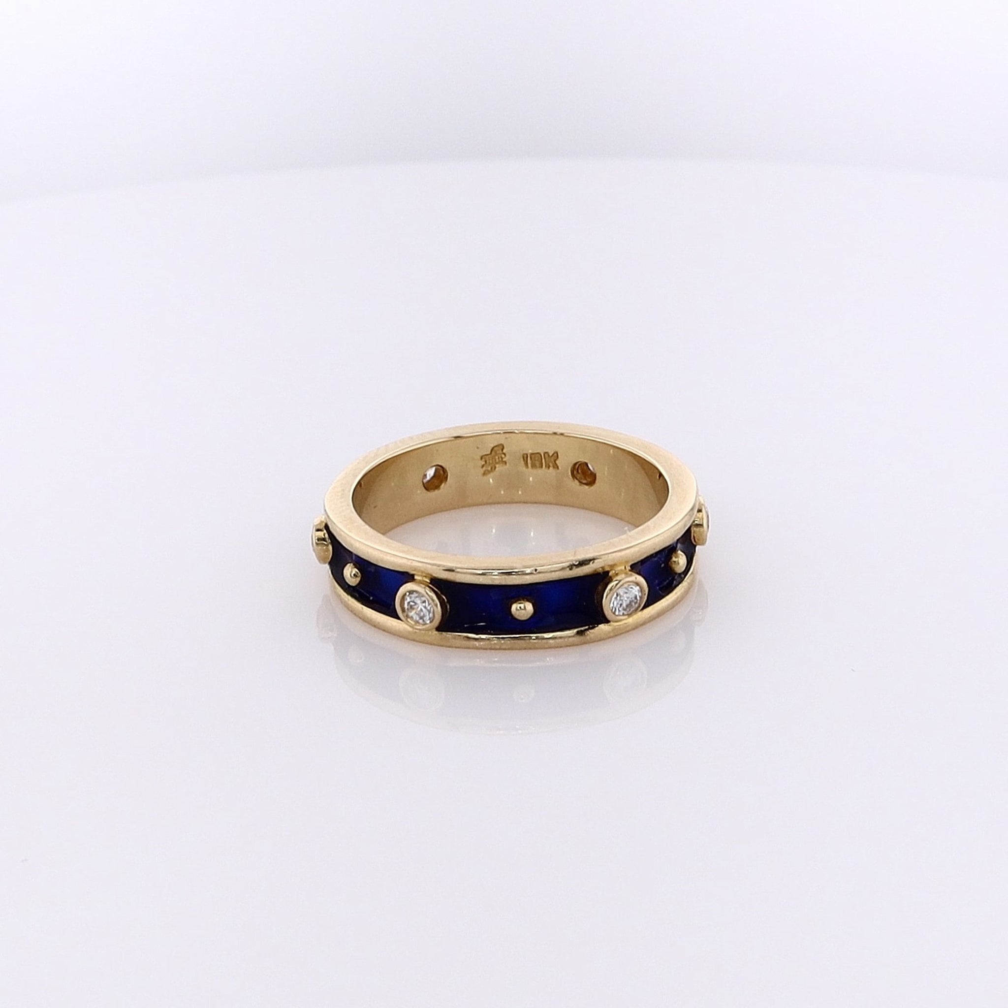 Exquisite Estate 18 Karat Yellow Gold Blue Enamel and Diamond Eternity Band Ring for a Timeless Look
