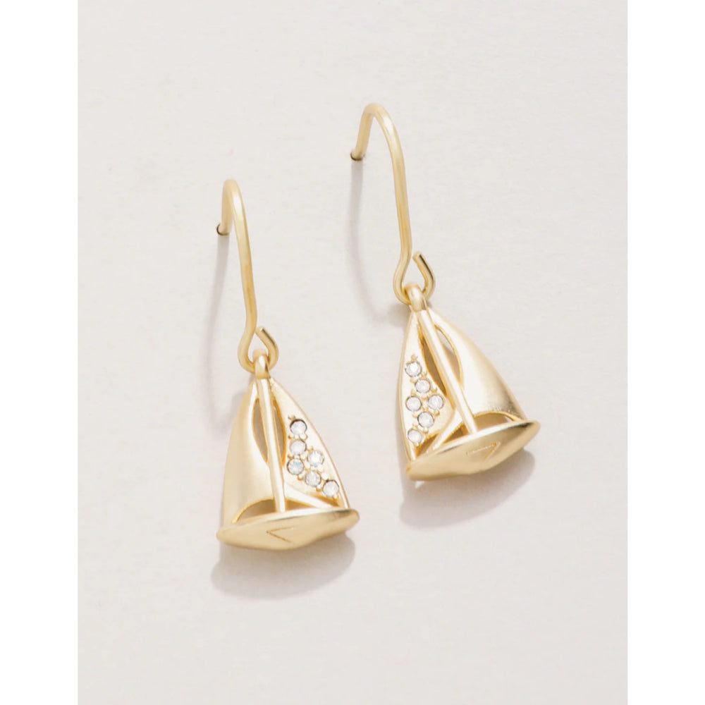 18kt Matte Gold Plated White Opal Little Sailboat Dangling Earrings
