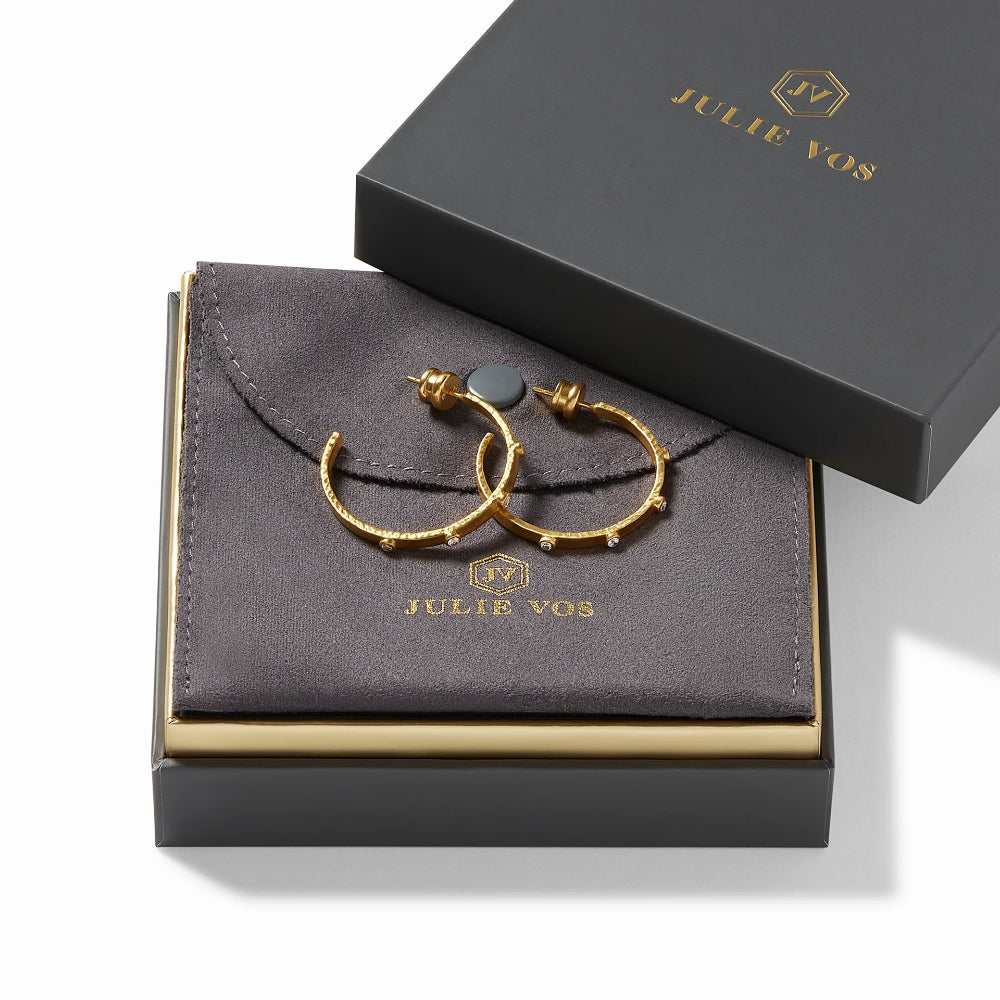 Julie Vos Hoop Earrings in Cubic Zirconia with Crescent Stone Design