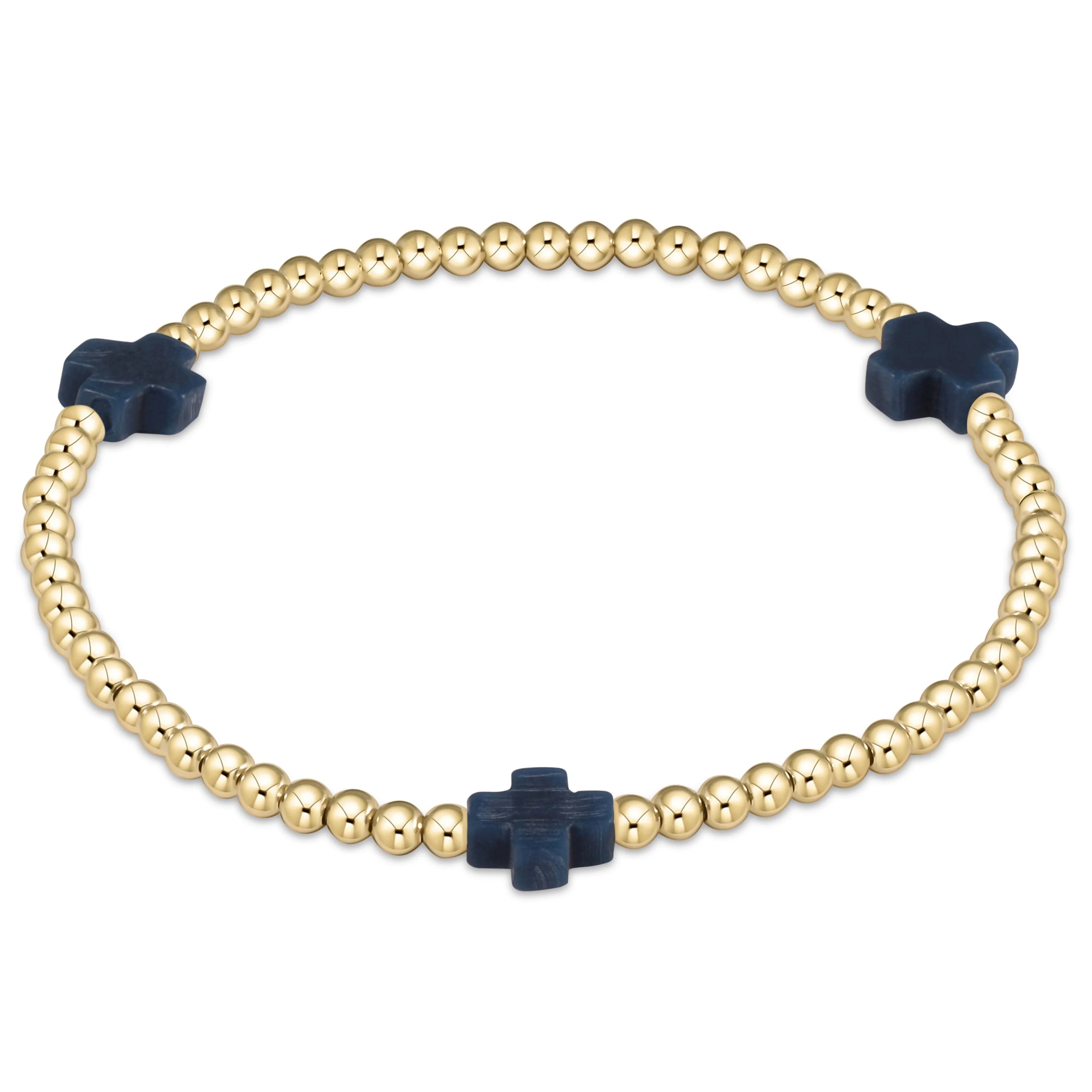 Enewton Signature Cross Gold Pattern 3mm Bead Bracelet in Navy with 7.25 - inch Extended Design