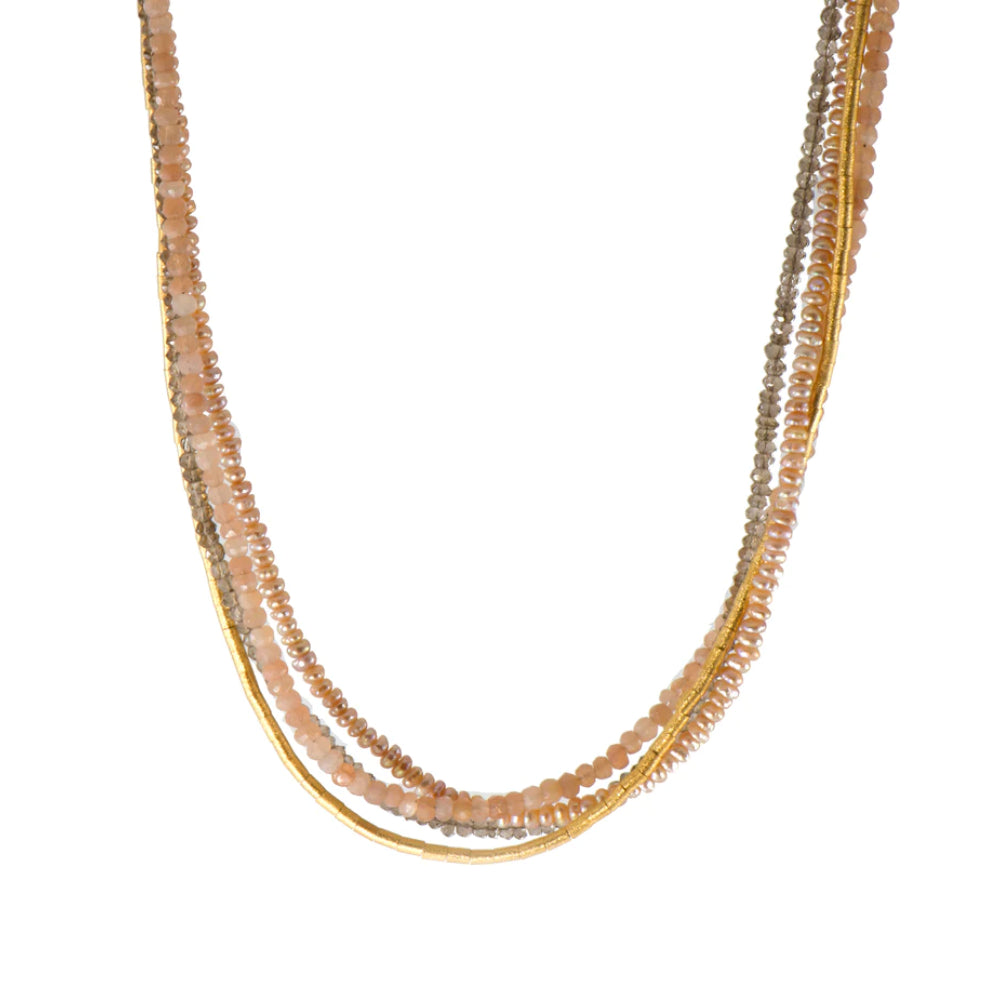 Joyla Necklace: Peach Moonstone, Smoky Quartz & Natural Color Pearl
