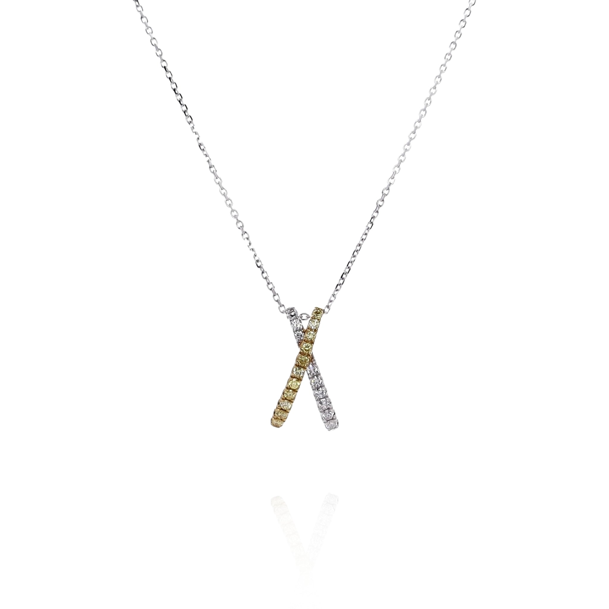 18k Two - Tone Yellow and White Gold X - Design Diamond Pendant with Adjustable Chain
