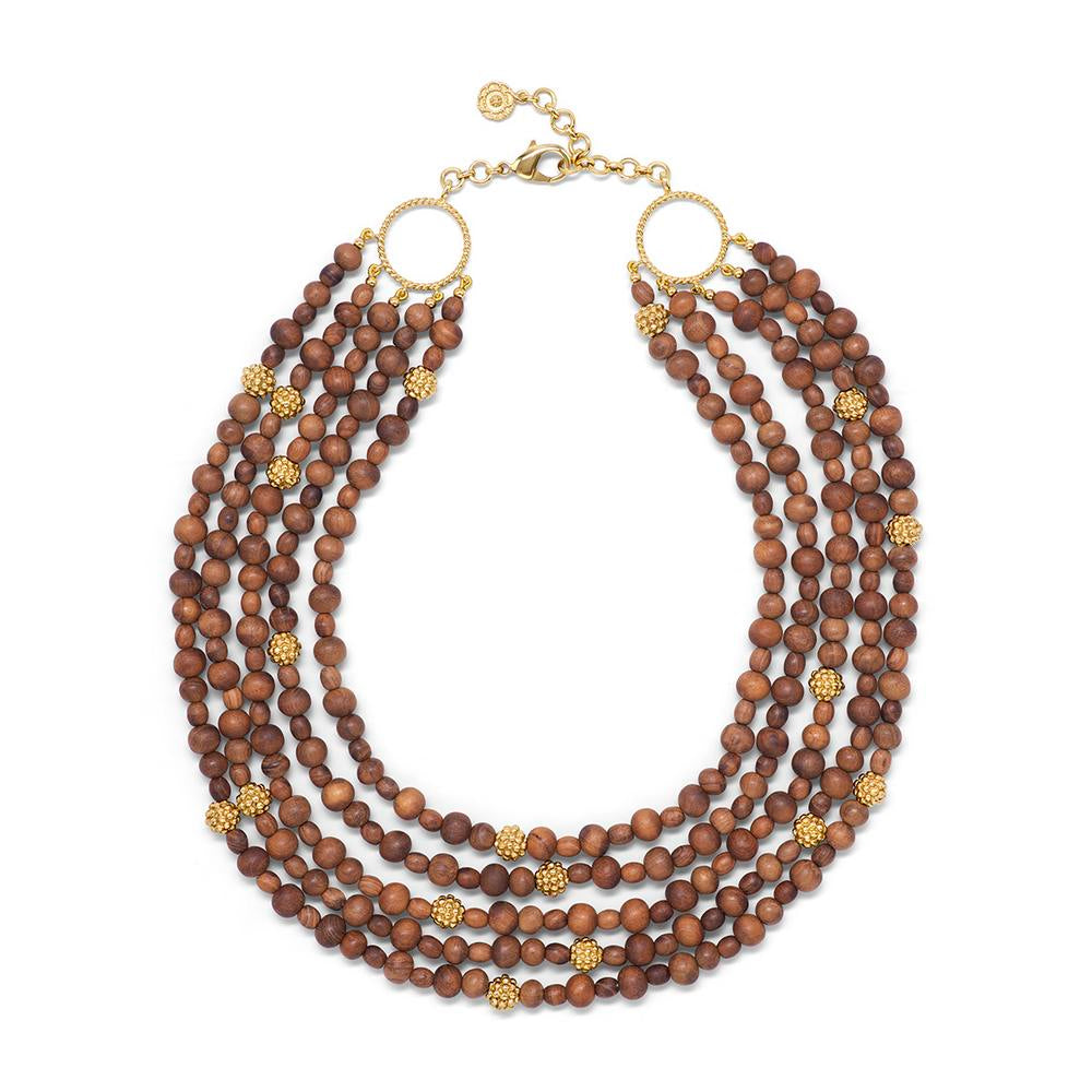 Capucine de Wulf Handmade 5-Strand Earth Goddess Teak Bead Necklace for a Stunning Statement