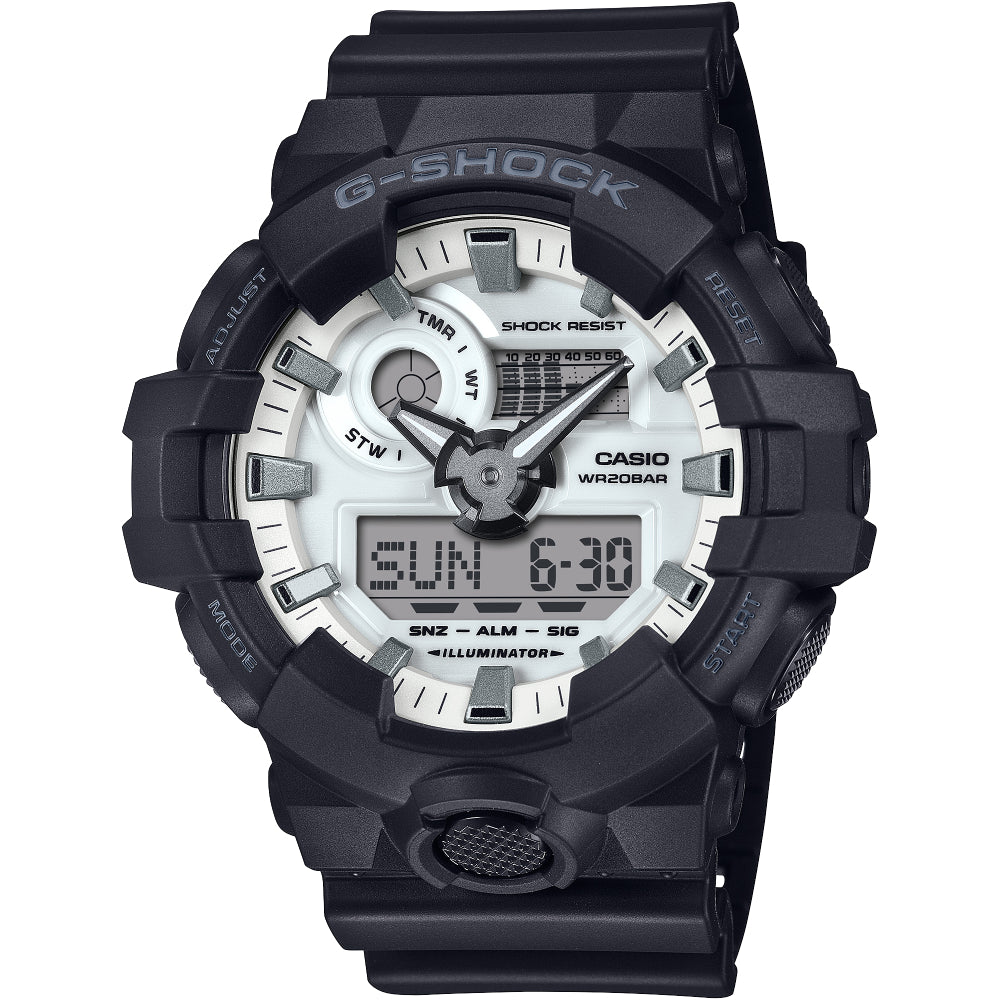 G-Shock GA-700 Hidden Glow Series Front Button Analog - Digital Watch with Stunning White Dial