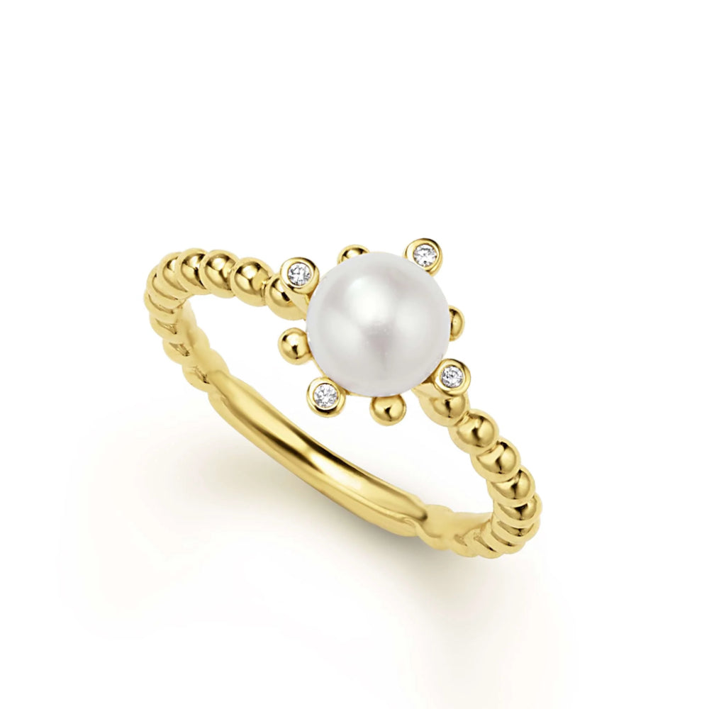 Exquisite Lagos Luna 18k Gold Pearl and Diamond Fleur Ring