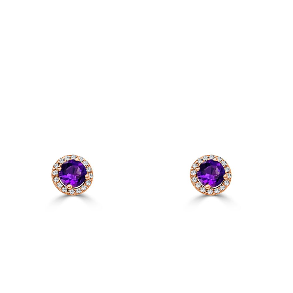 Gorgeous 14k Gold Stud Earrings with 5mm Amethyst and Brilliant Cut Diamonds