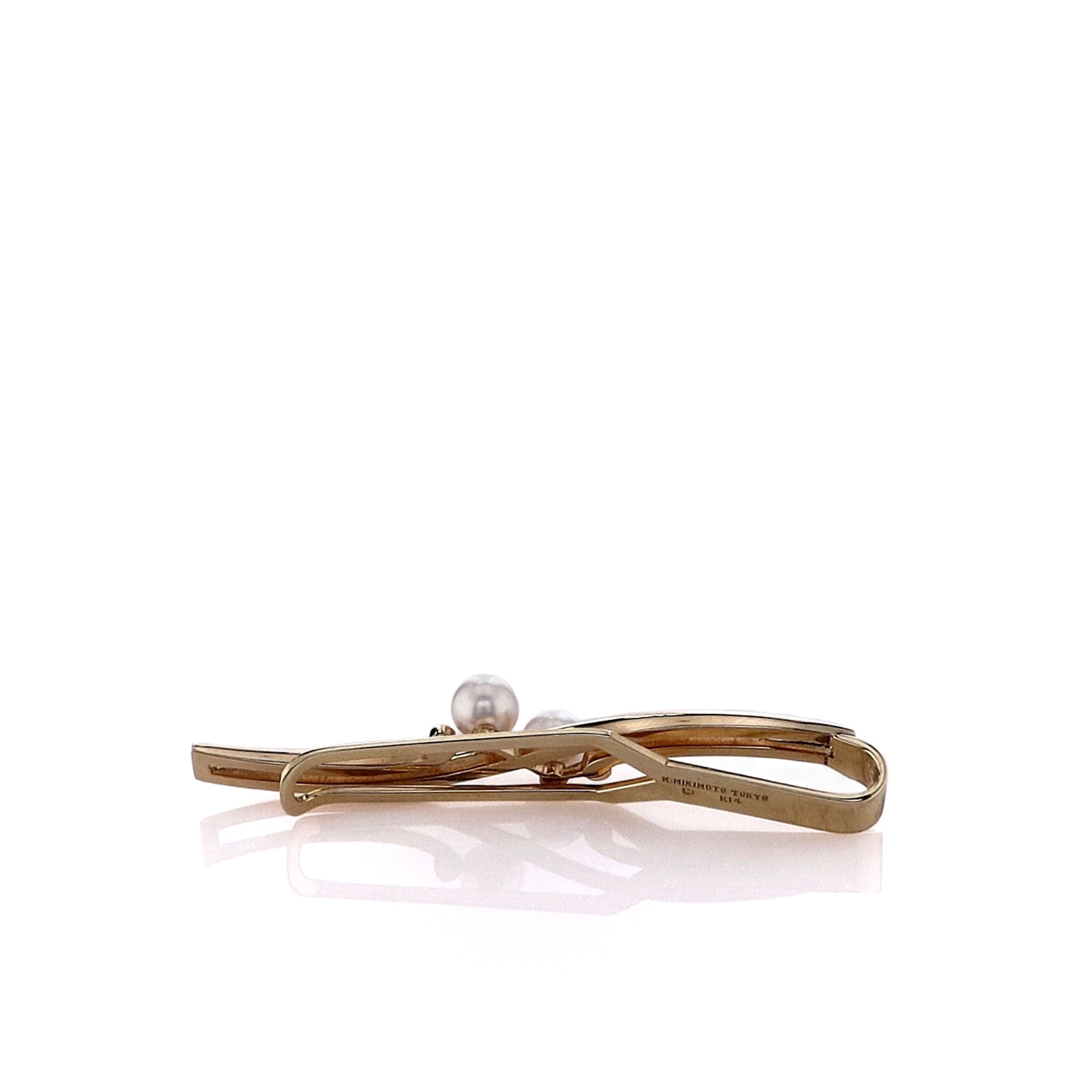 Estate Mikimoto Men's 14k Yellow Gold Formal Tie Bar with Two 5.5mm - 6mm White Akoya Pearls