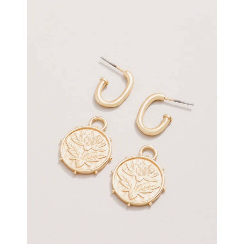 18kt Matte Gold Plated Spartina Lotus Drop Hoop Earrings with Dual Styles