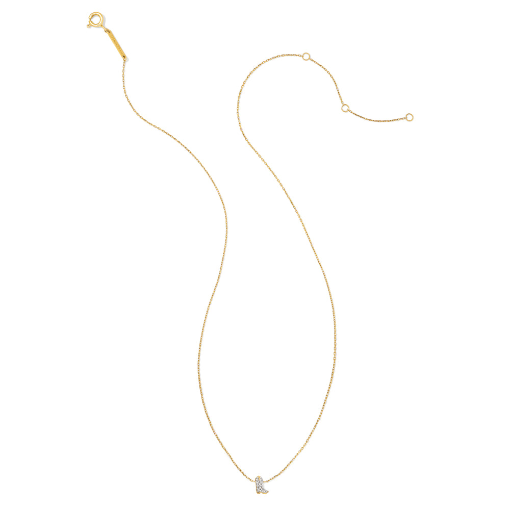 14k Yellow Gold White Diamond Tiny Cowboy Boot Pendant Necklace