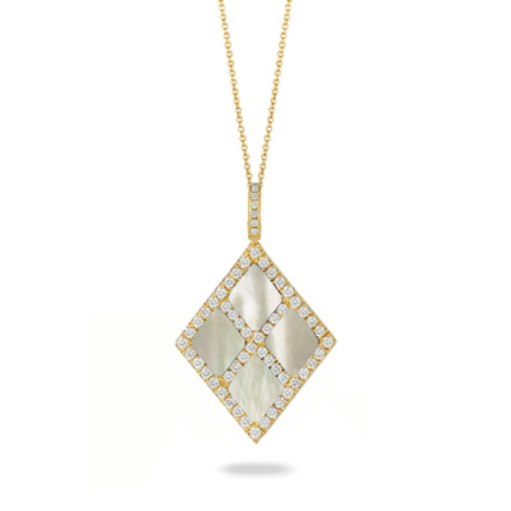 Adjustable 14k Gold Pendant Necklace with Mother of Pearl and Diamonds