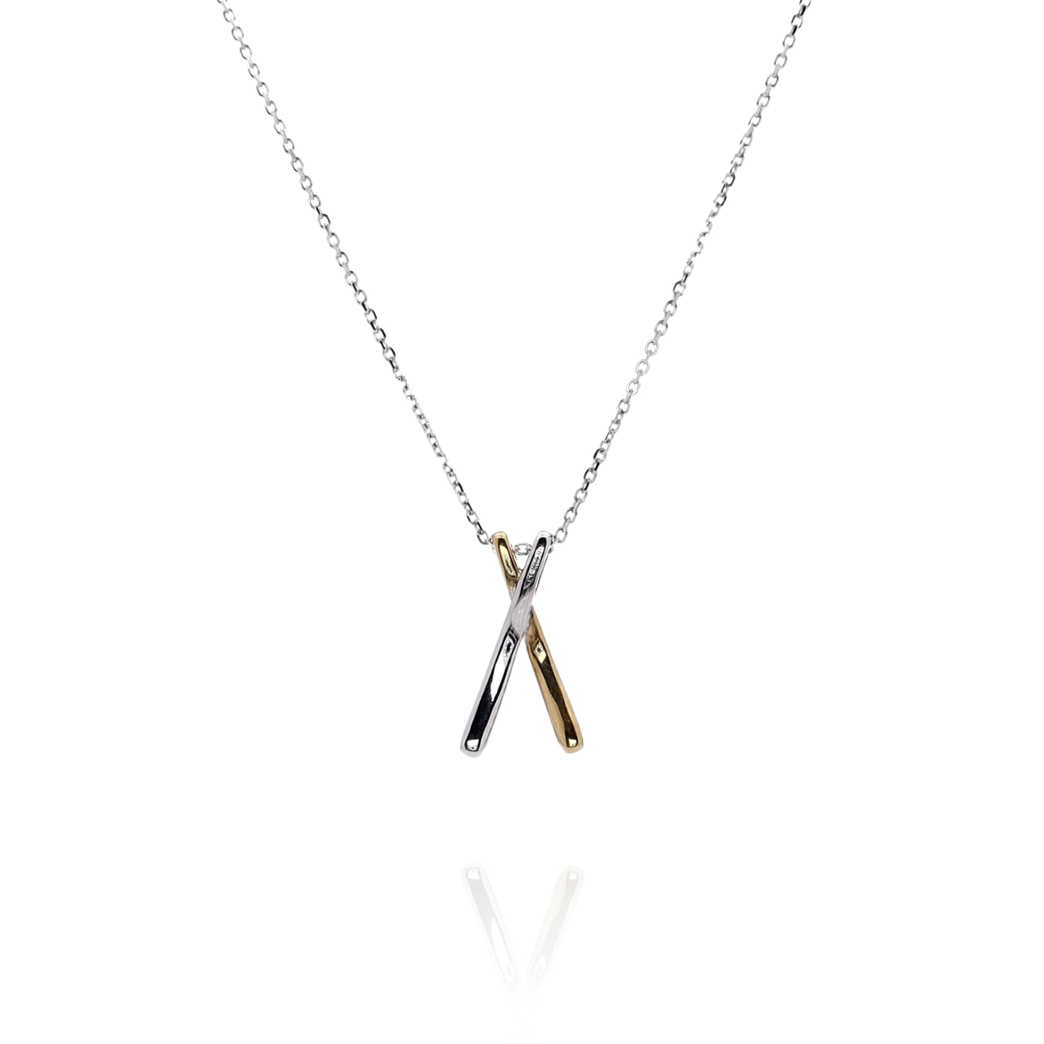 18k Two - Tone Yellow and White Gold X - Design Diamond Pendant with Adjustable Chain