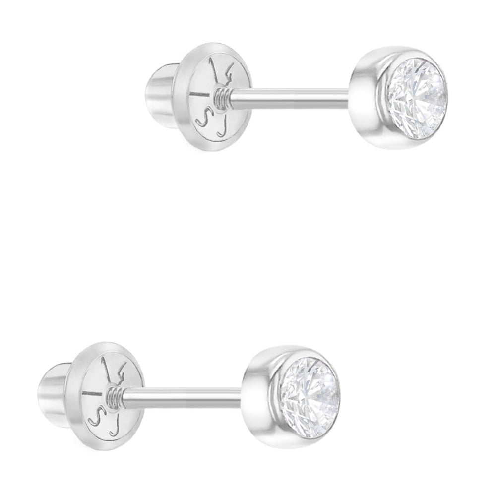 14k White Gold 3mm Bezel Round Cubic Zirconia Screw Back Earrings for Children