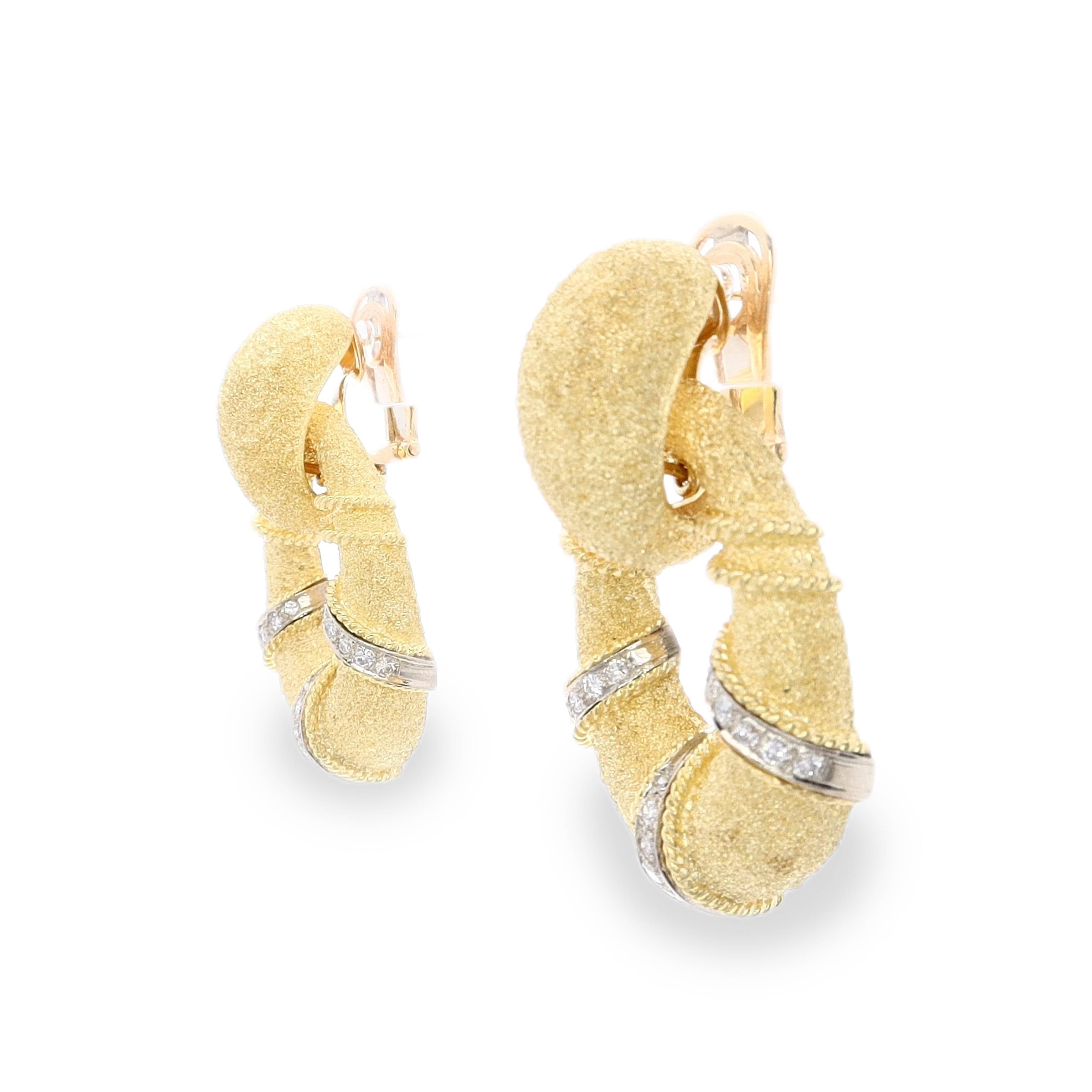18k Yellow and White Gold Textured Diamond Door Knocker Earrings